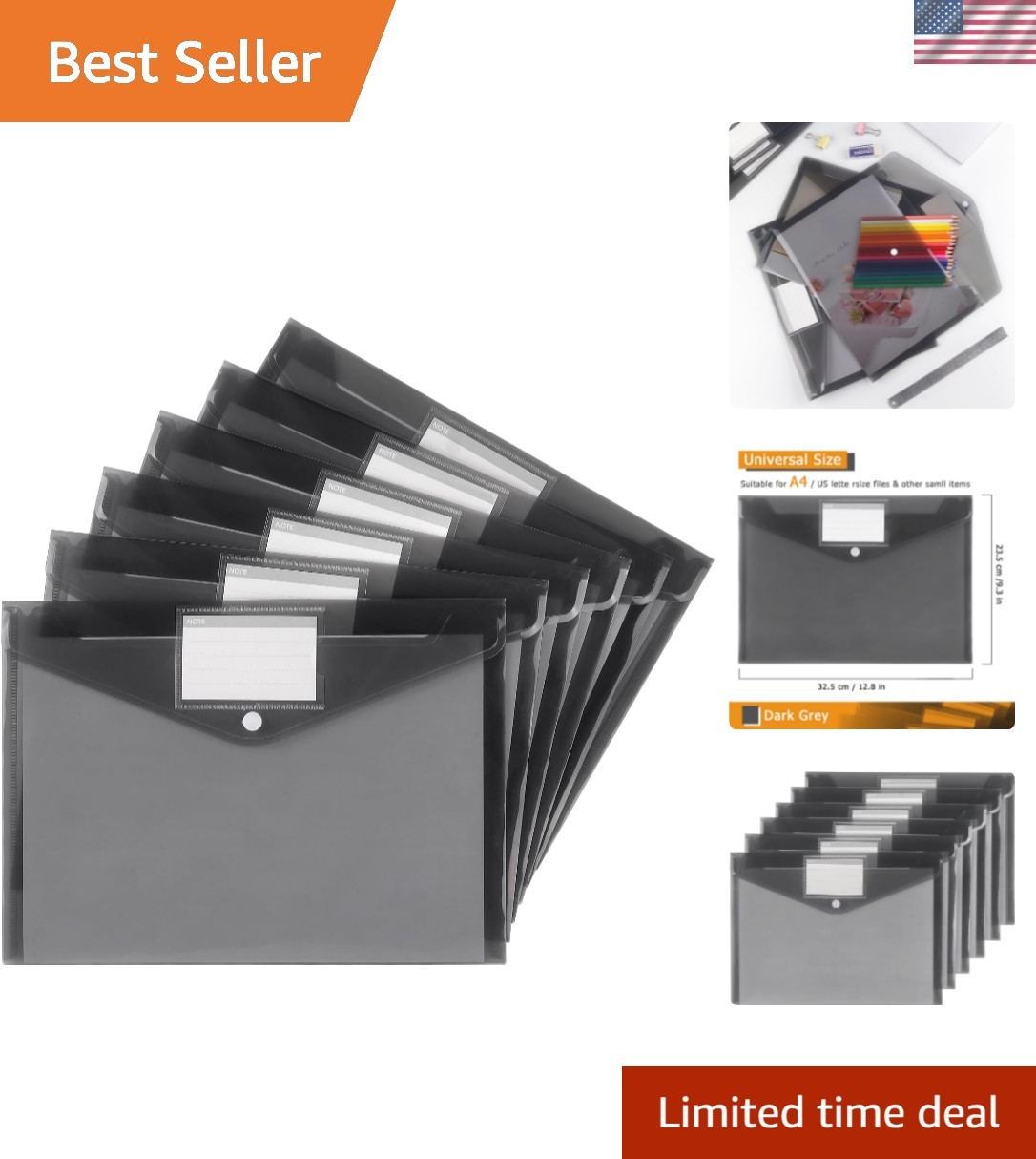 Translucent 6 Pack Plastic Envelopes with Snap Button & Label Pocket - Dark Grey
