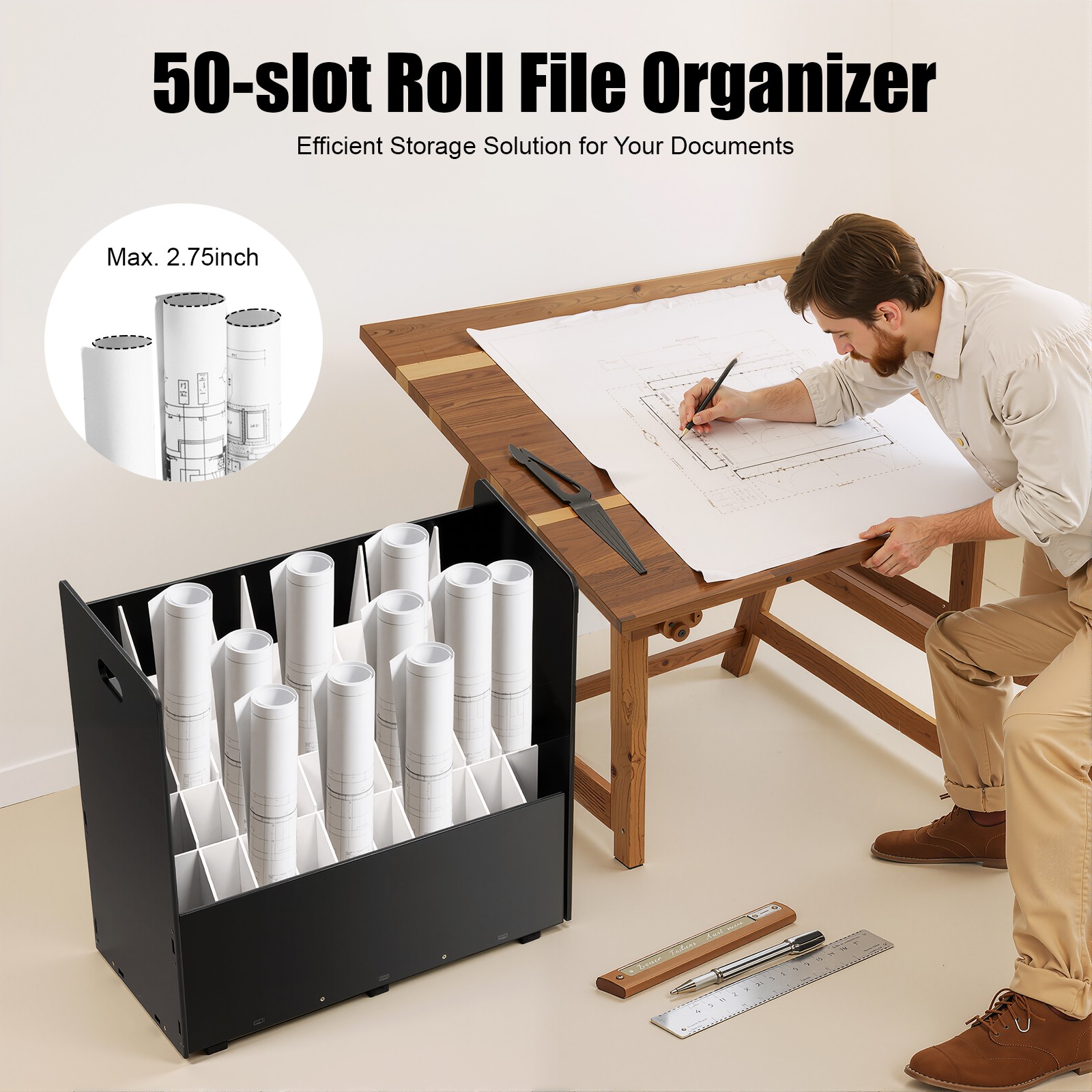 50-slot Blueprint Organizer, Roll File Storage Holder, Movable Roll File Cart