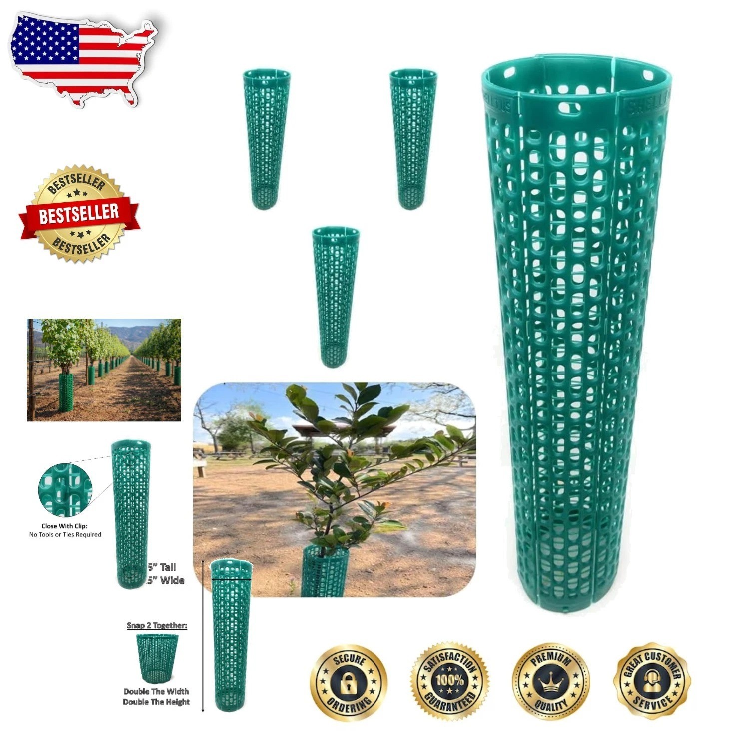 Tall 15" Green Tree Trunk Guards, 60pc, Stackable, Airflow, Weed Eater Proof