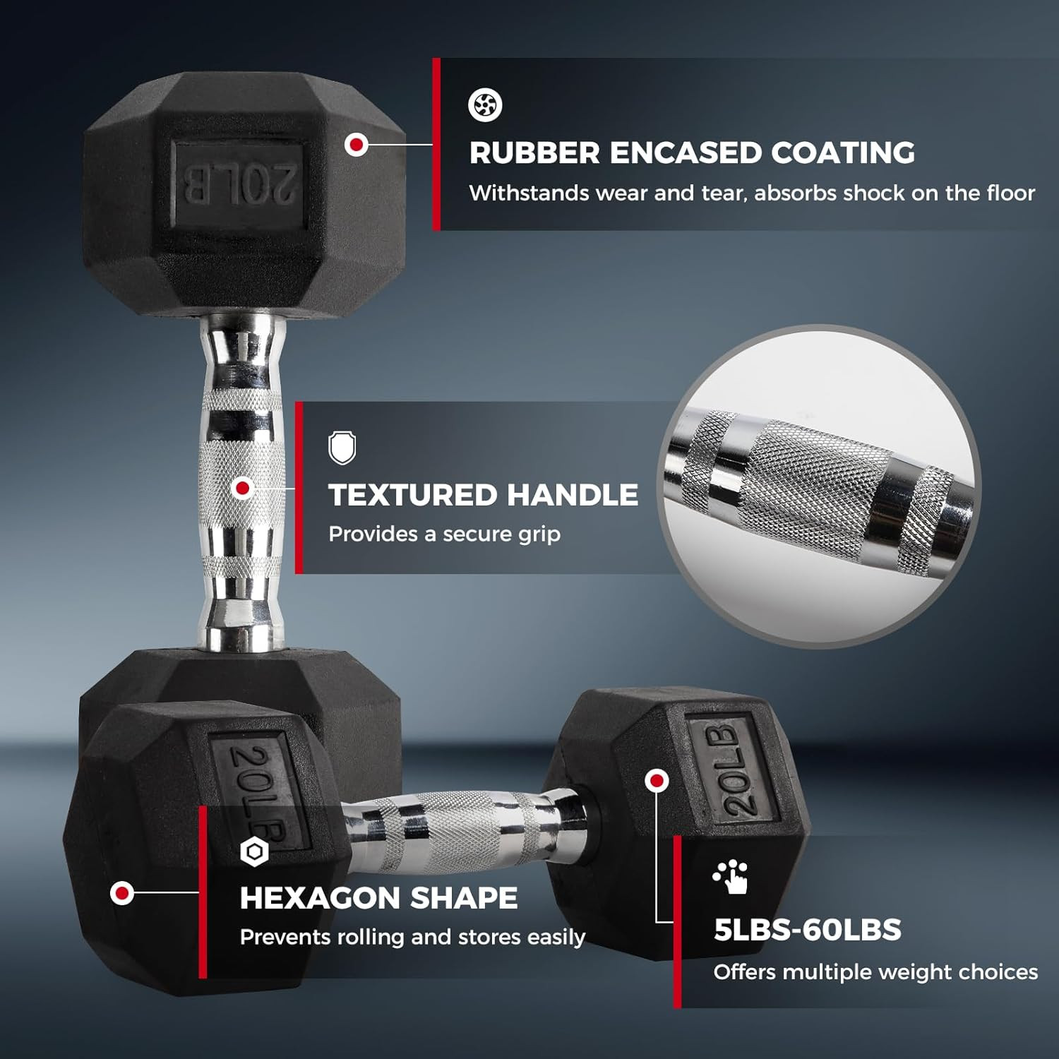 5-780LBS Rubber Coated Hex Dumbbell Weight Set with Rack and Adjustable Weight B