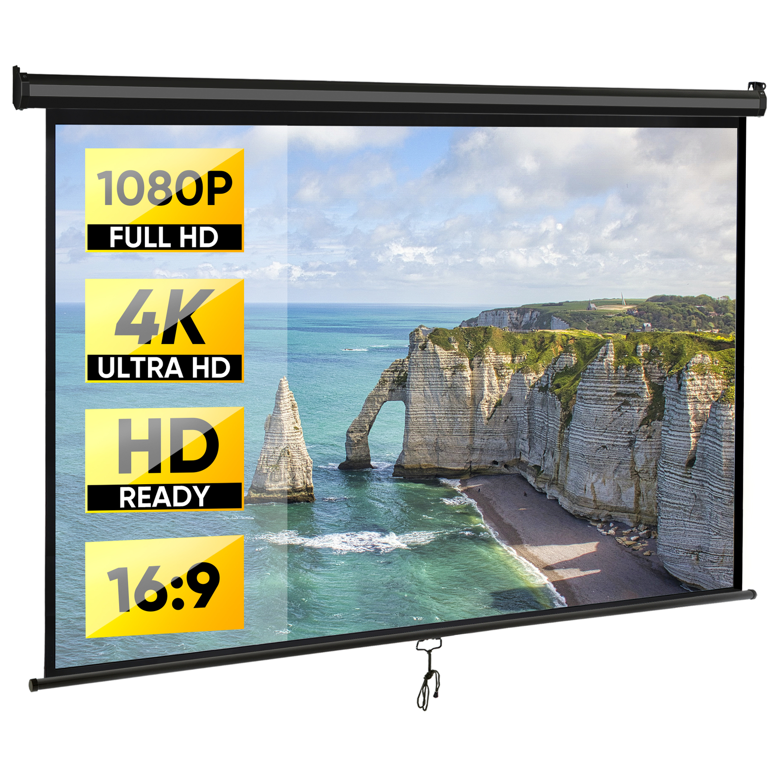Outdoor Projector Screen Pull Down 80" 16:9 HD Ceiling Projection Screen Black