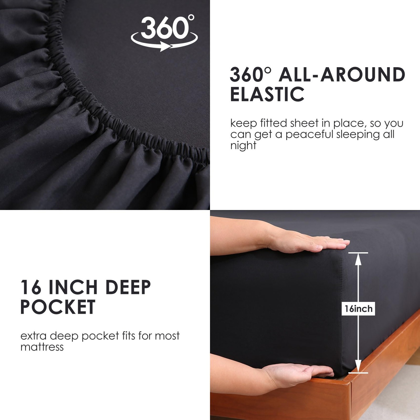 JSD Black King Sheet Set with Side Pocket Corner Straps, 4 Piece King,