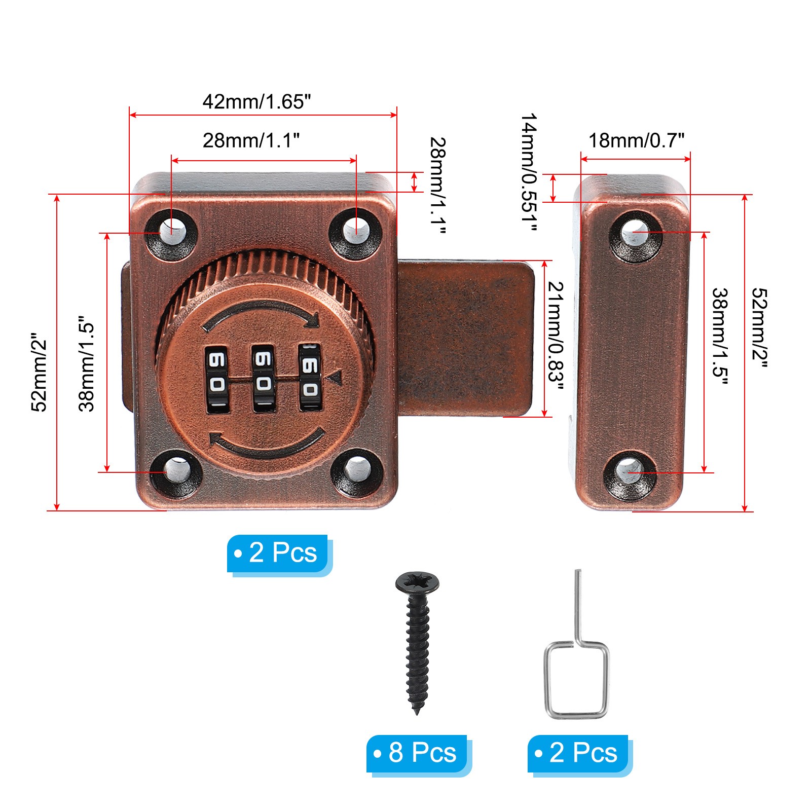 2Pcs 3 Digit Combination Lock for Copper Single Way Wardrobe