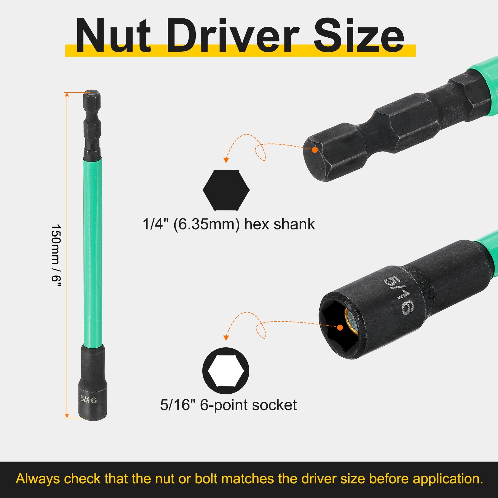 Nut Driver Drill Bit 5/16" Socket 1/4" Hex Shank 6" Long Magnetic Setter