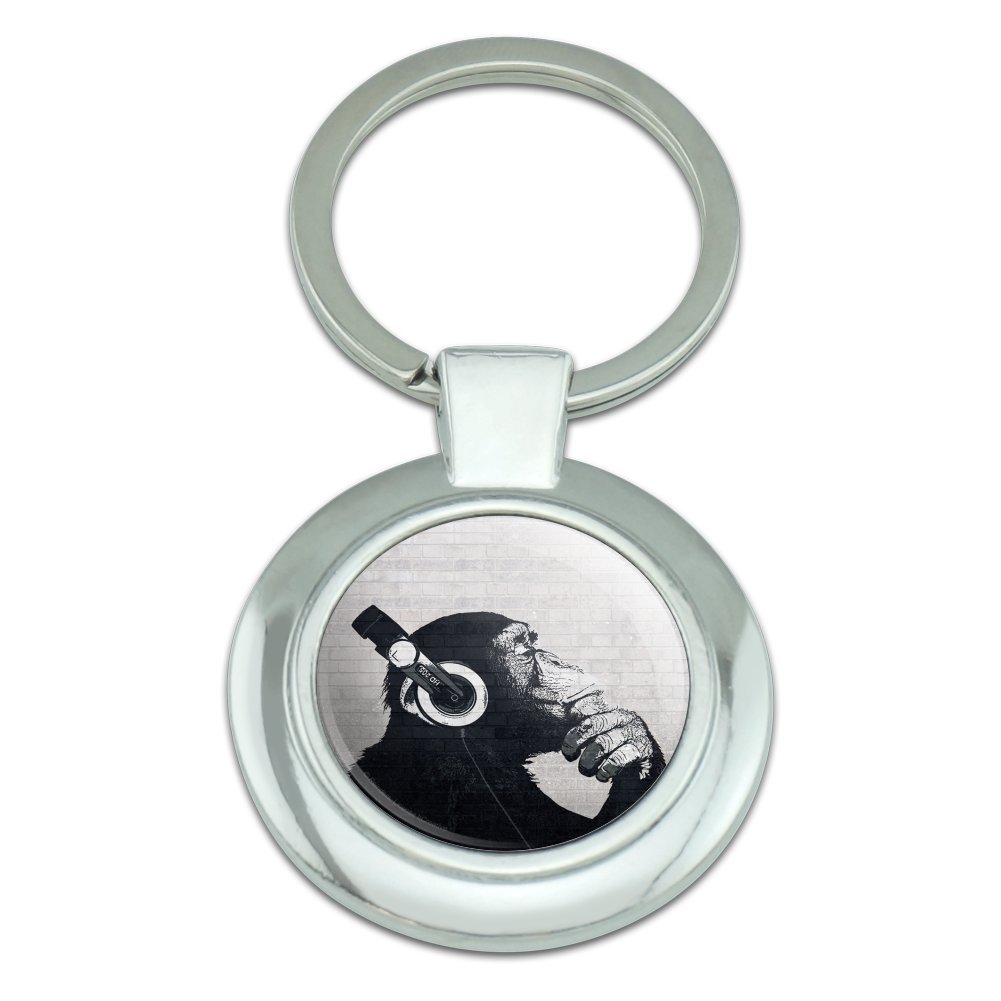 Headphone Chimp Monkey Wall Classy Round Chrome Plated Metal Keychain