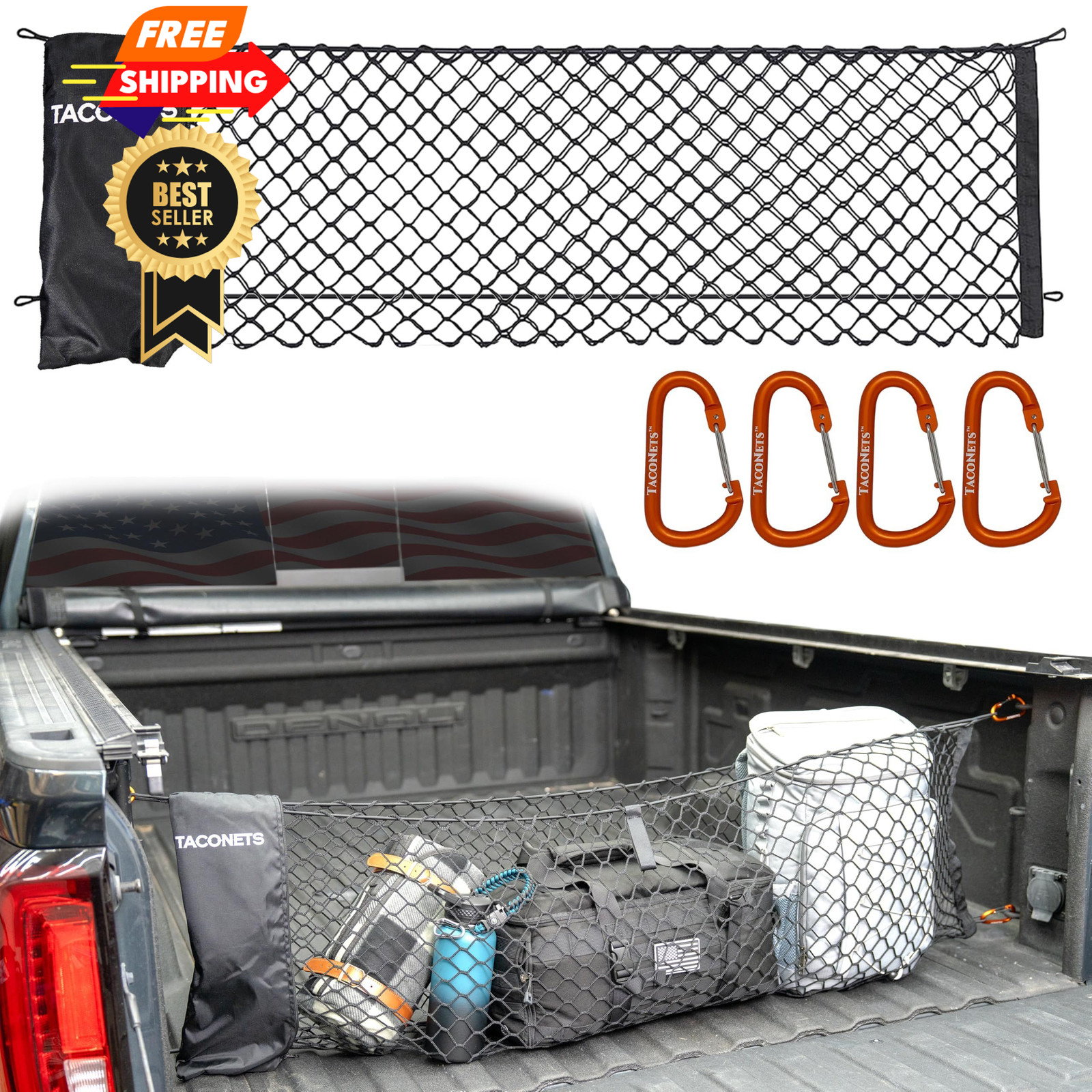 TacoNets Chevy Silverado / GMC Sierra 2013+, Black Netting & Orange Carabiner