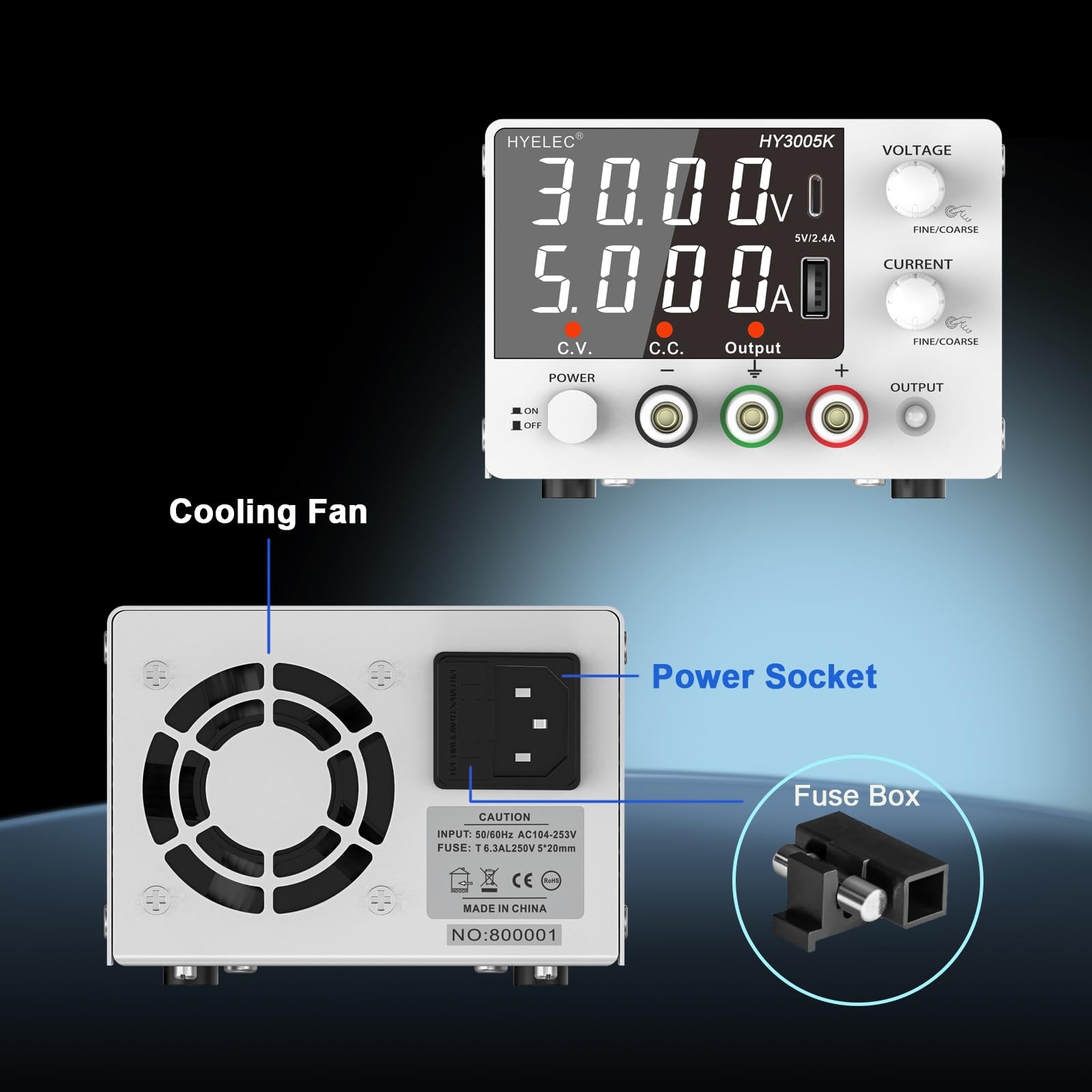 Variable DC Power Supply 030V 05A Bench Power Encoder 4Digit LED TypeC