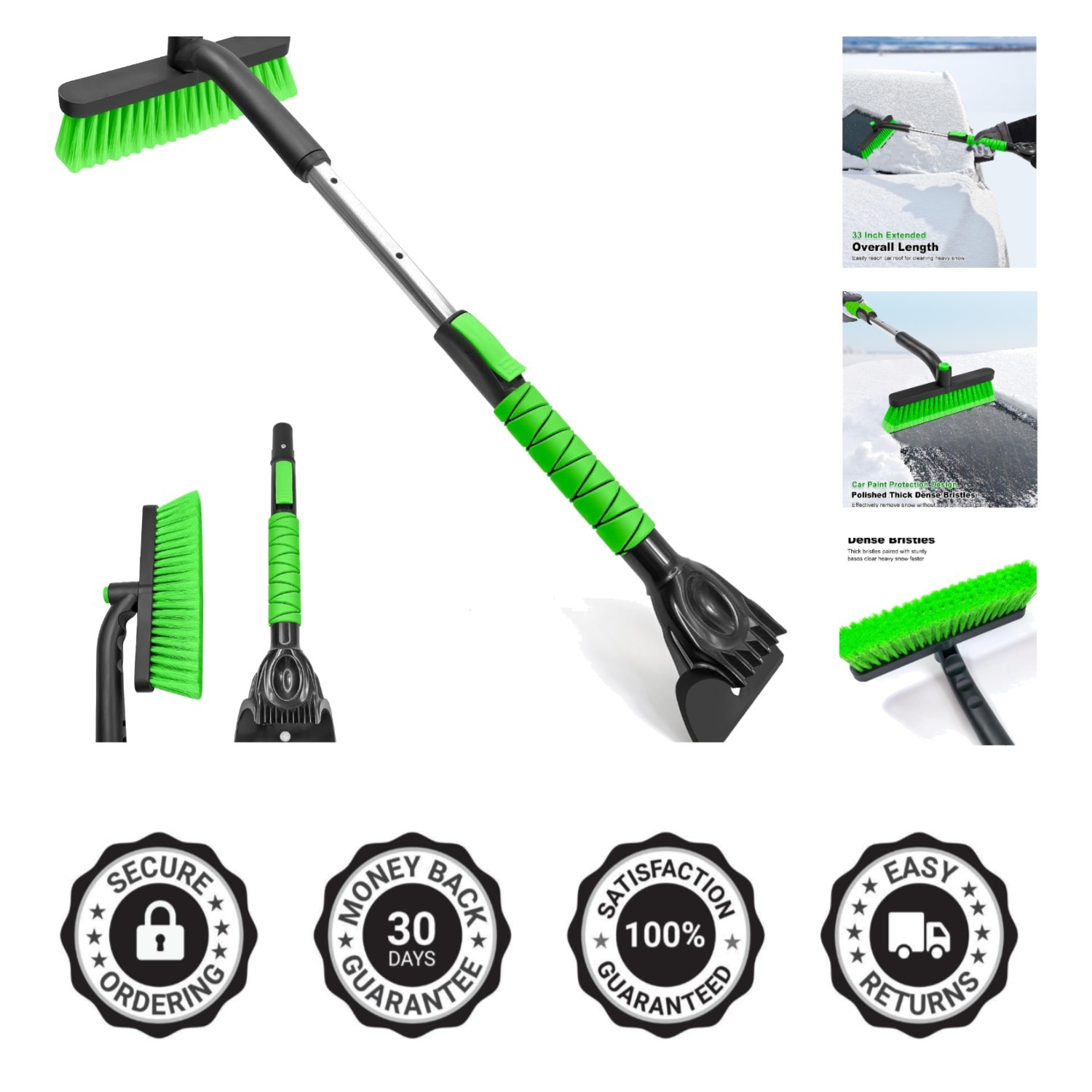 33-Inch Heavy-Duty Ice Scraper with Snow Brush & Tough Jaws - Winter Essential