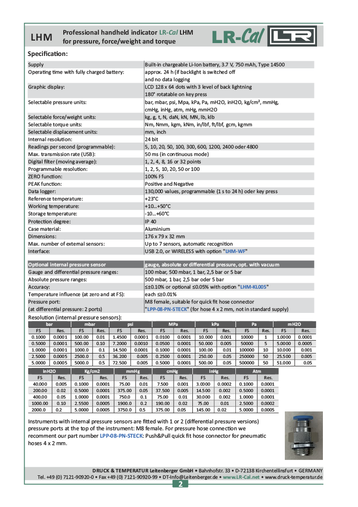 LR-Cal LHM GP Pressure/Torque Indicator Internal Pressure Sensor ±0.05% Accuracy