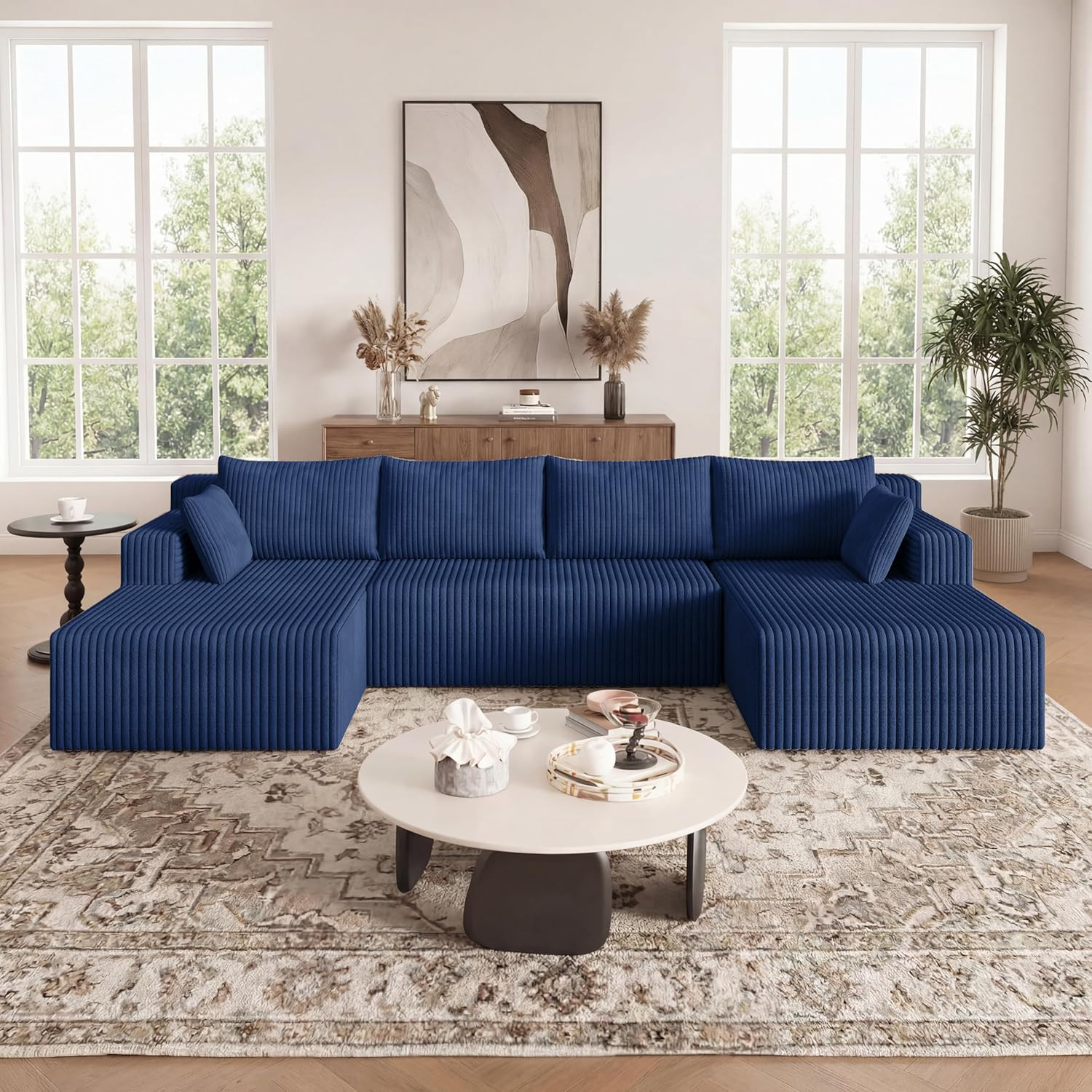 124" Boneless Sectional Sofa, U Shaped Corner Couch, Upholstered Corduroy Modula