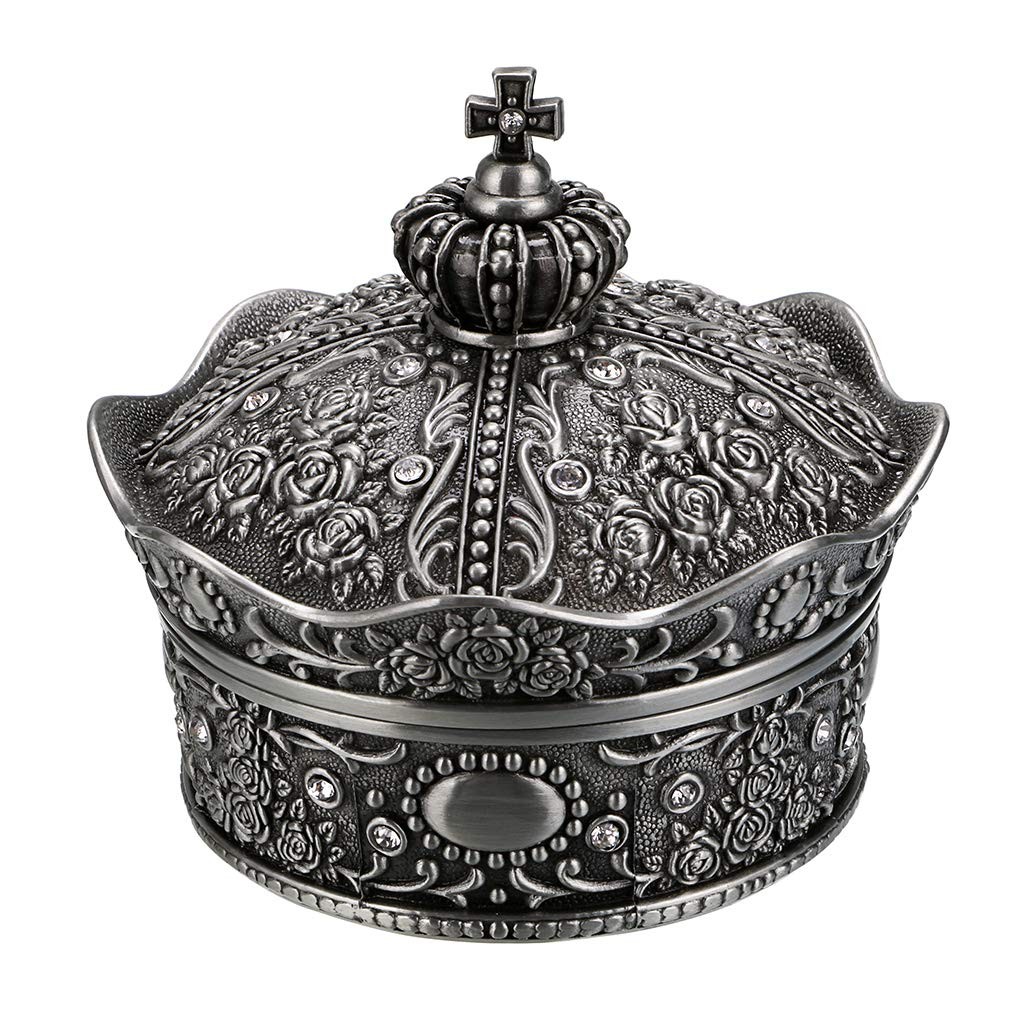 Hipiwe Vintage Jewelry Box, Antique Crown Design Trinket Medium, Silver