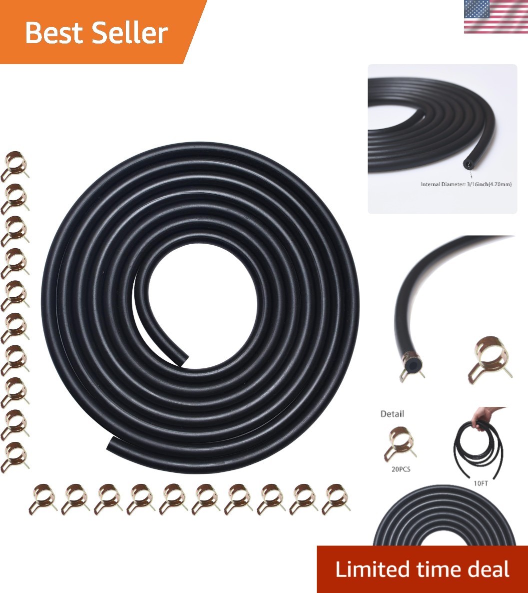 Durable 10 Feet 3/16" ID Rubber Fuel Line for Small Engines & Power Equipment