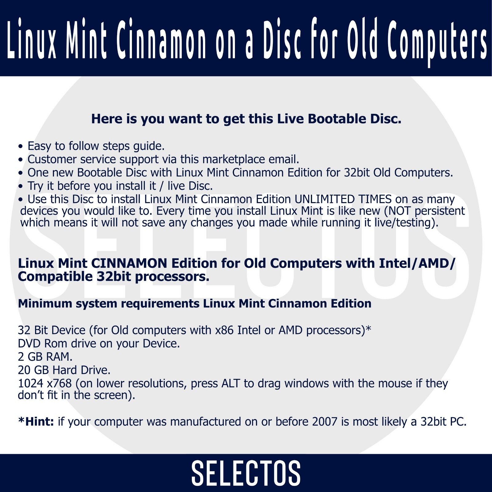 Linux Mint 19.3 Tricia Cinnamon OS Live CD Bootable DISC for Old 32bit Computers