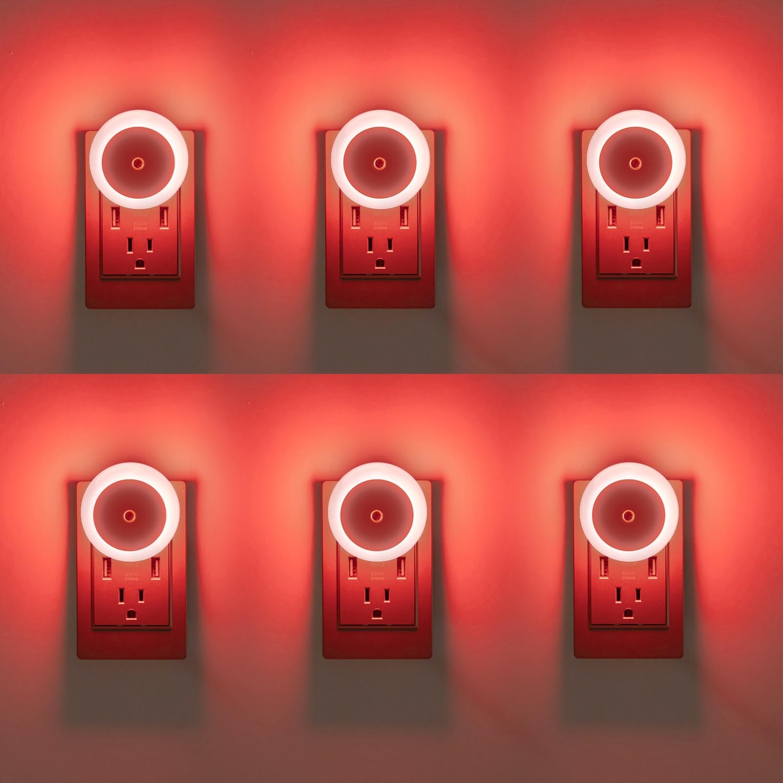 KINUR 6 Pack Red LED Plug into Wall with Dusk to Dawn sensors 15 inches,