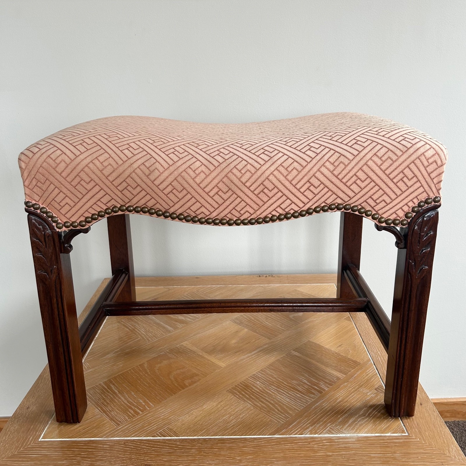 Vintage Hickory Chair Co. Chippendale Ottoman, Pink Fabric, Mahogany Frame