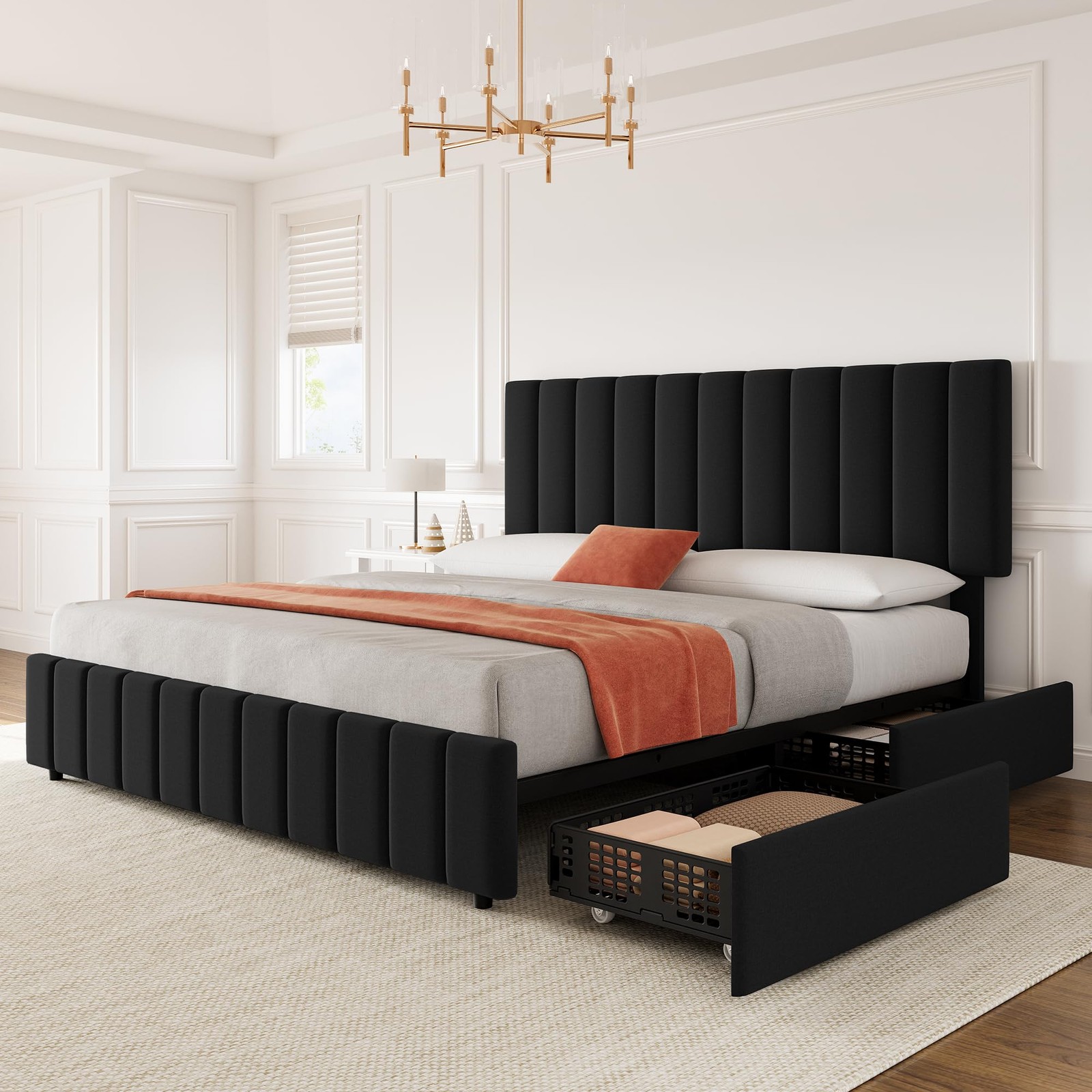 King Size Bed Frame Headboard Linen Upholstered Platform Bed Frame w/ 4 Drawers