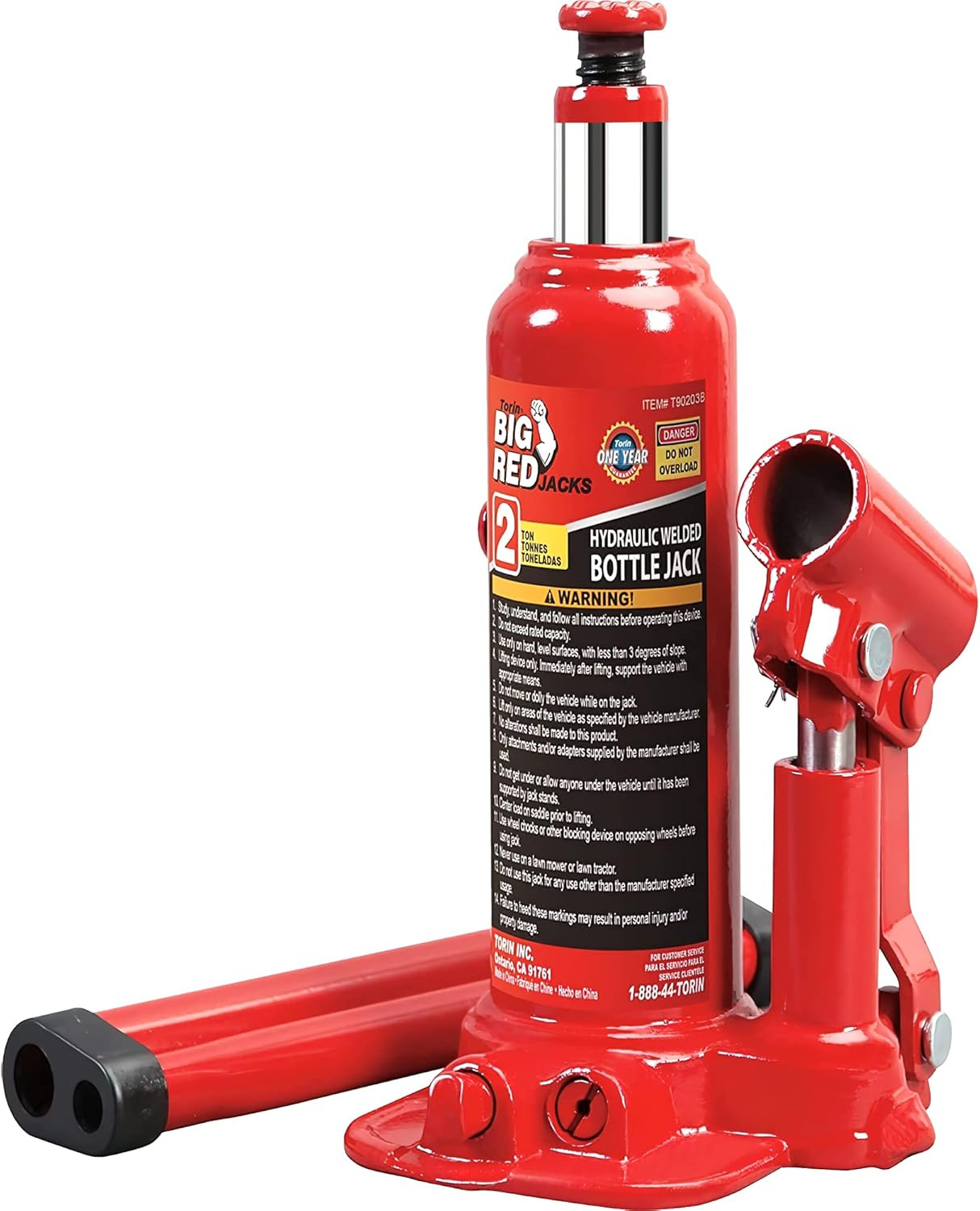T90203B  Hydraulic Welded Bottle Jack, 2 Ton (4,000 Lb) Capacity, Red