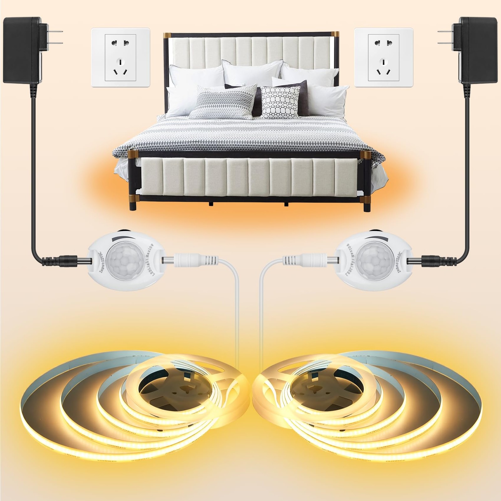 Under Bed Lights Motion Sensor COB Strip, 2-Pack of 6.56Ft Warm White Motion ...