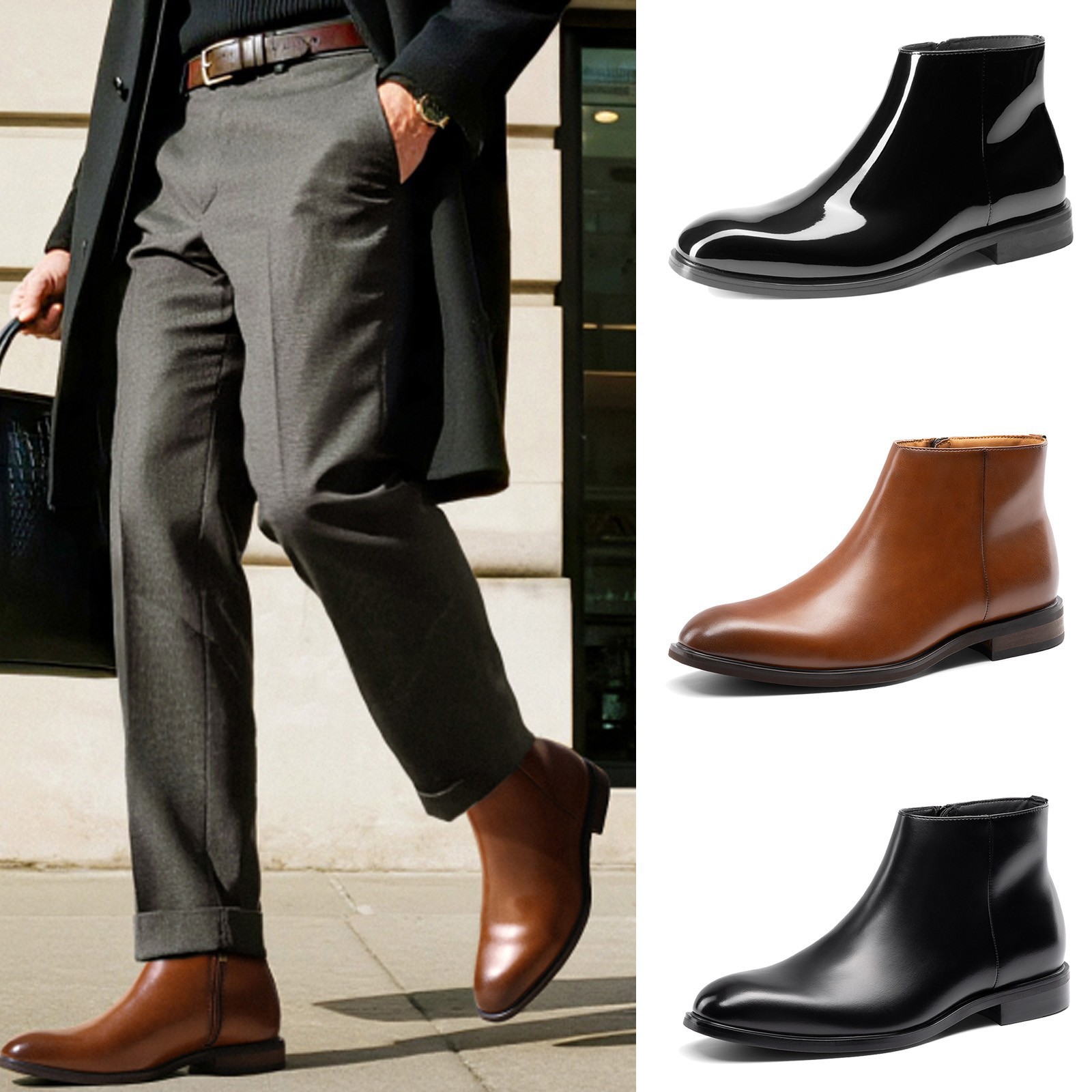 Men's Chelsea Boots with Side Zipper Casual Slip-On Ankle Boots