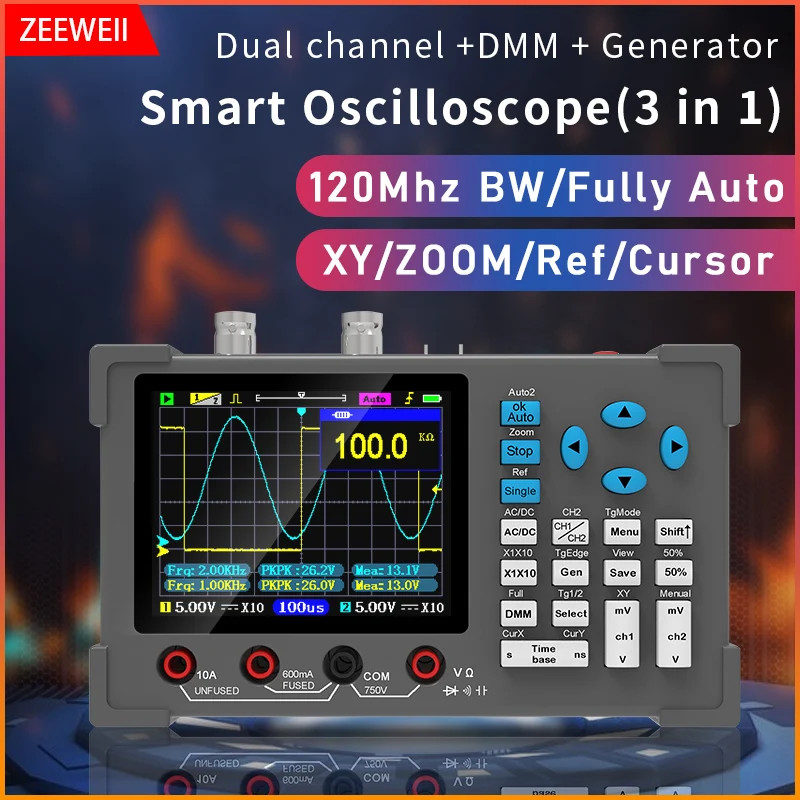 ZEEWEII DSO3D12 Digital Oscilloscope 3.2in 120MHz Multimeter Signal Generator