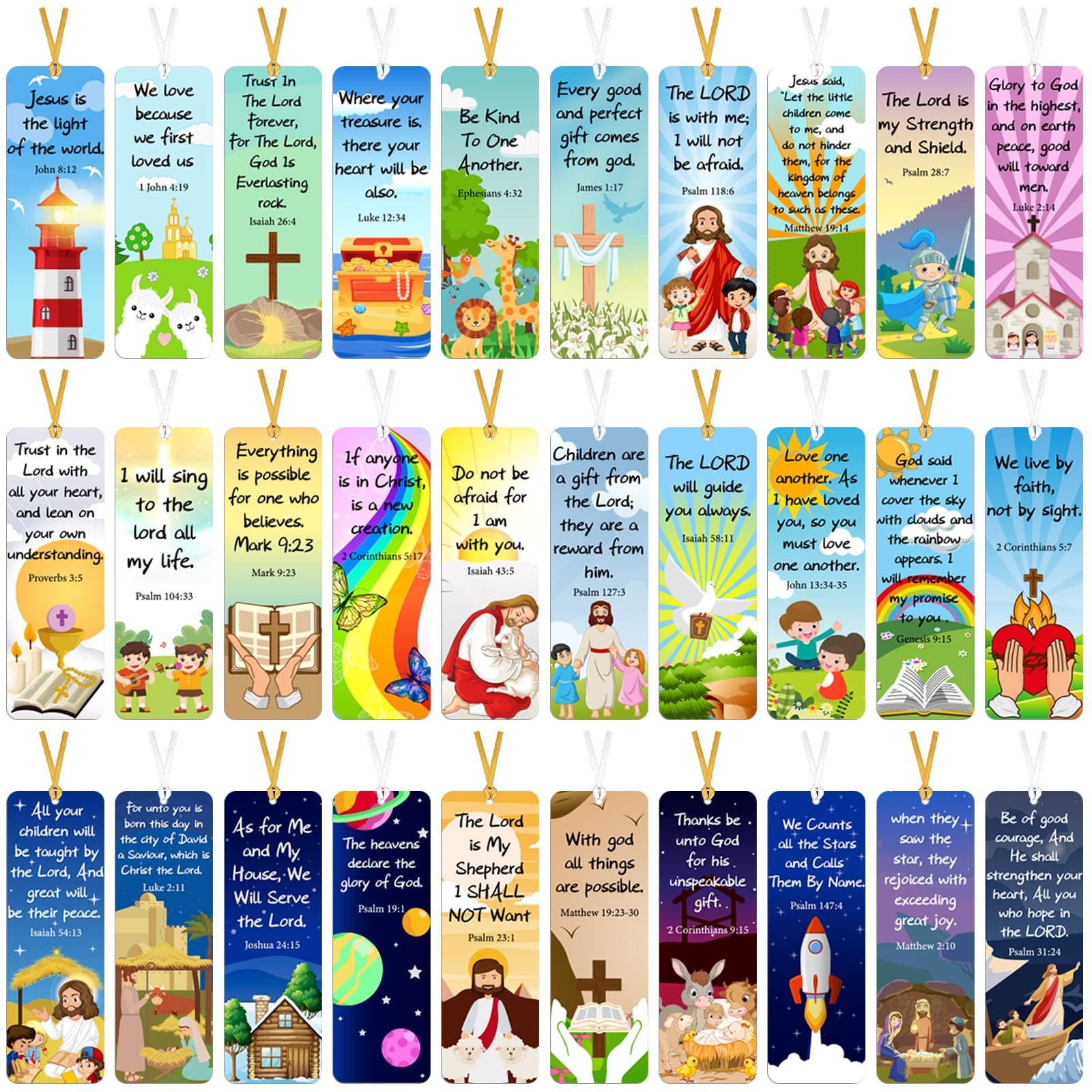Chinco 120 Pack Christian Bookmarks for Kids Bible Verse Bookmarks with Ribbo...