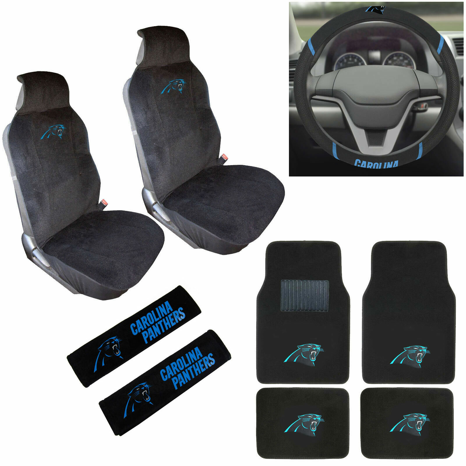 9PC NFL Carolina Panthers Car Truck Seat Covers Steering Wheel Cover Floor Mats