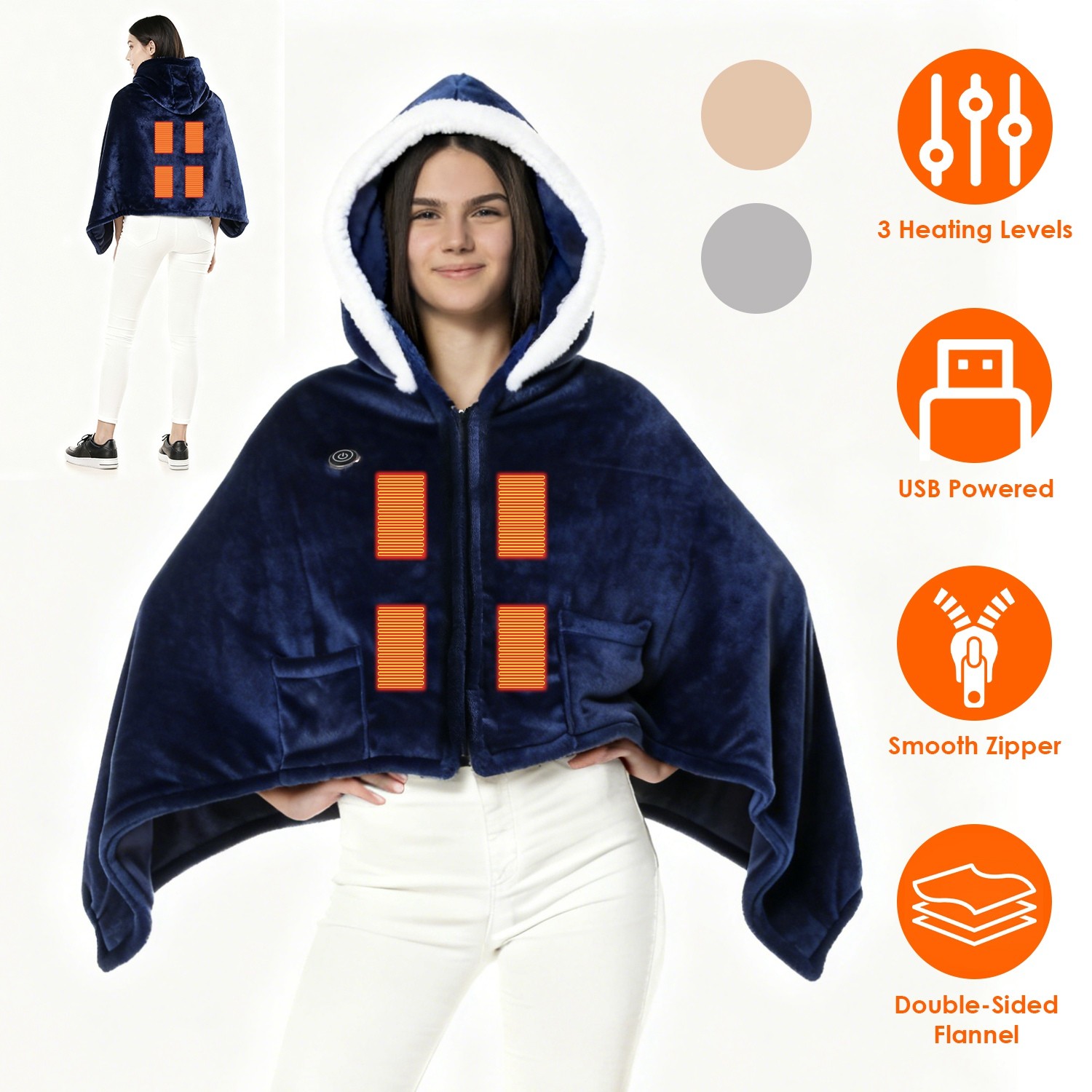 Heated Hoodie Wearable Heated Throw Blanket Double-Sided Flannel Heating Hoodie