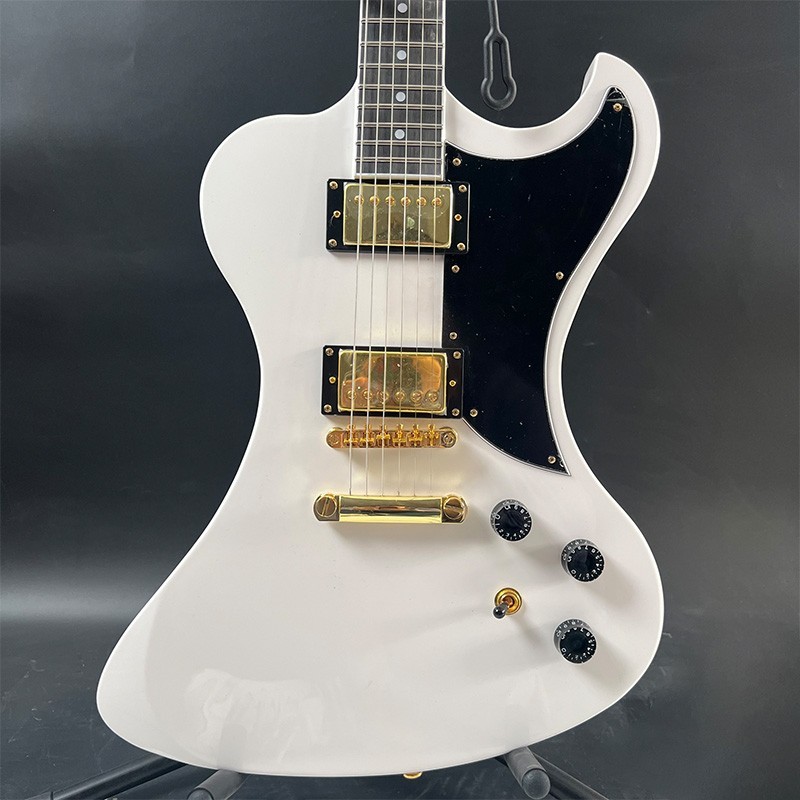 No brand, no logo, custom-shaped electric guitar, white, gold hardware, 22 frets