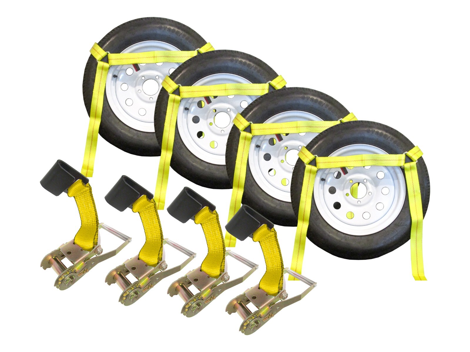 2" Flat Hook Side Rail Basket Ratchet Tie Down Assembly - Yellow Pack of 4
