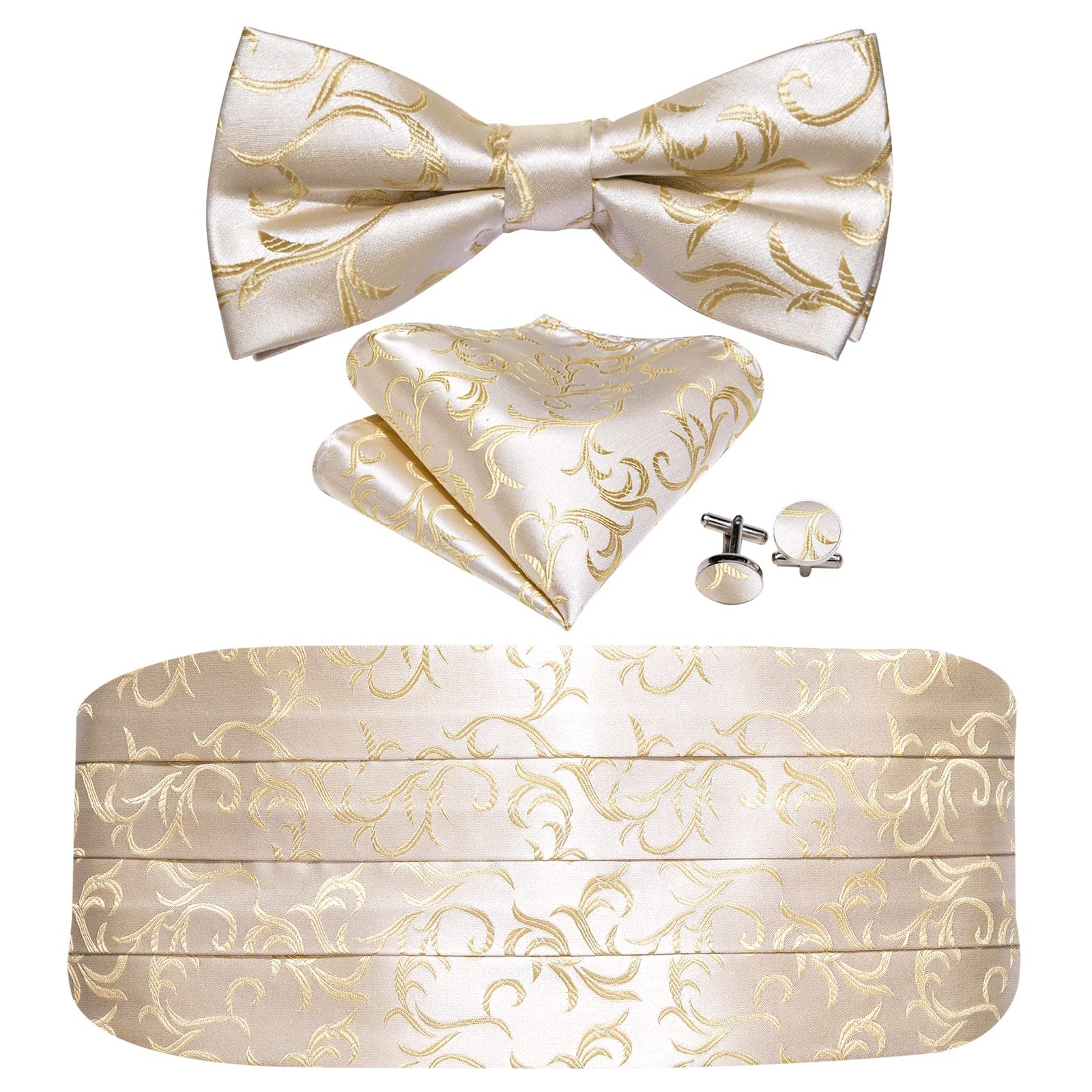YOHOWA Cummerbund Bow Tie for Men Champagne Floral Silk Pre-Tied Bowtie Handk...