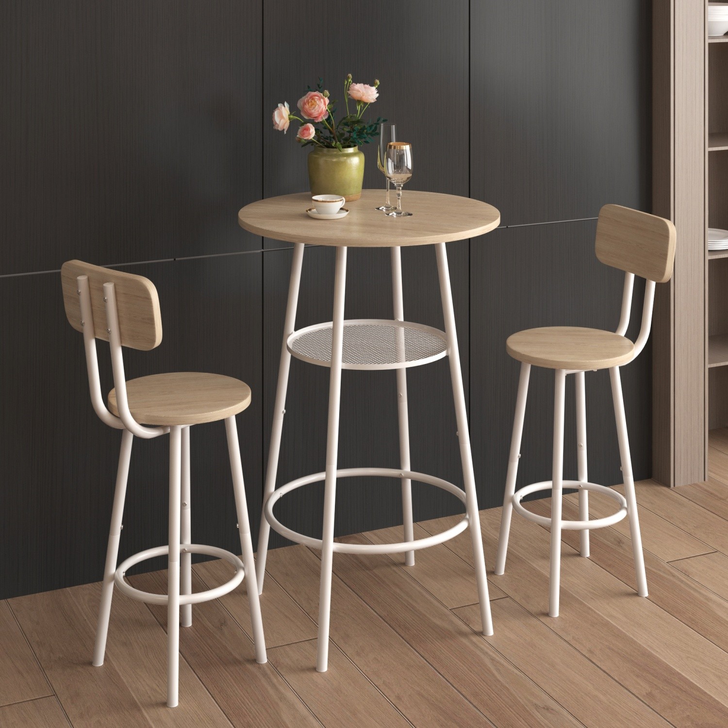 Modern 3 Piece Bar Table Set Counter Height Dining Kitchen Table w/ 2 Bar Stool