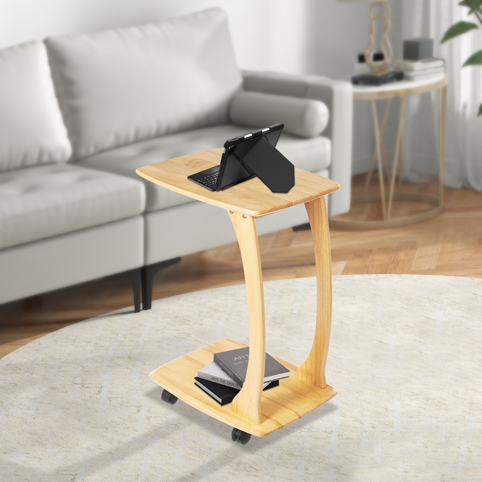 C-Shaped Side Table Floor Standing Solid Wood End Table With Wheels 24.8 inches