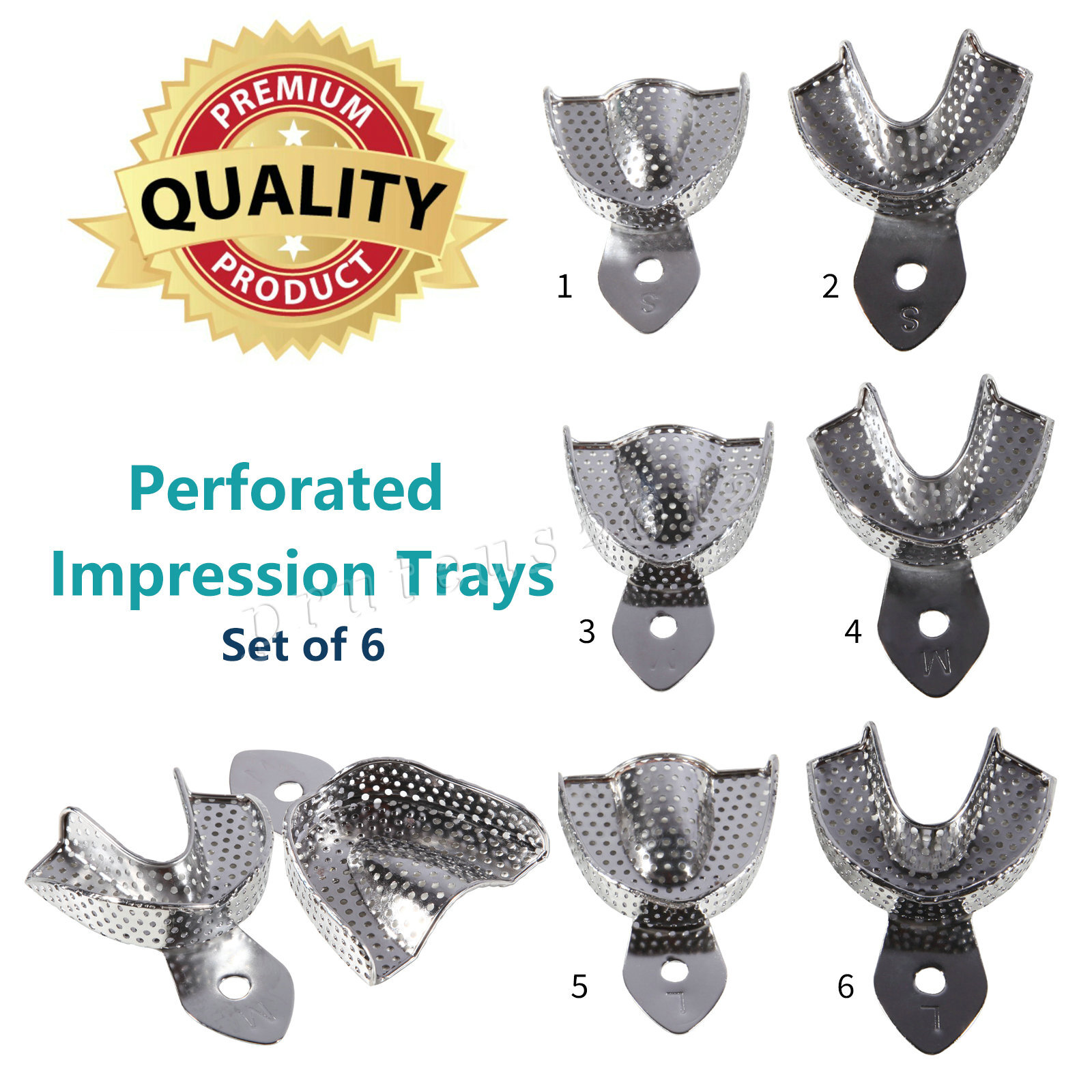 Dental Autoclavable Metal Impression Trays Perforated Stainless Steel S M L 6 Pc