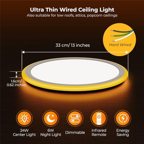 13in LED Flush Mount Ceiling Light Fixture with Remote Control, Dimmable White
