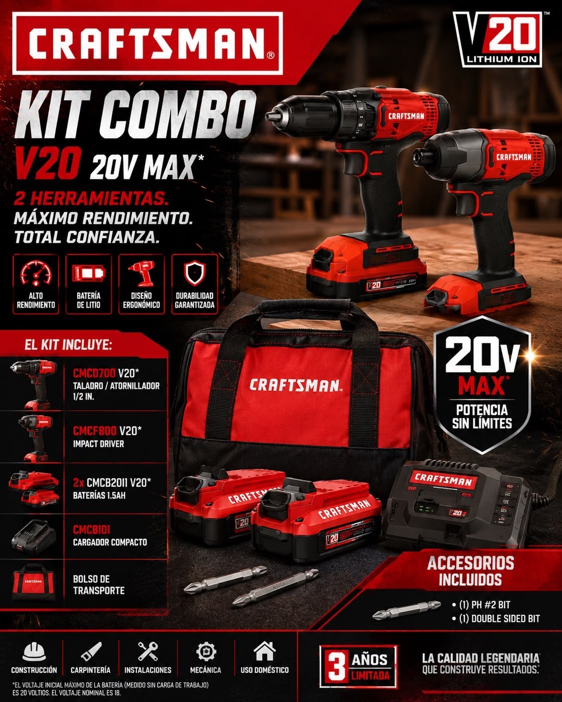 Craftsman V20 Max Cordless Drill Driver and Impact Driver Kit- CMCK200C2