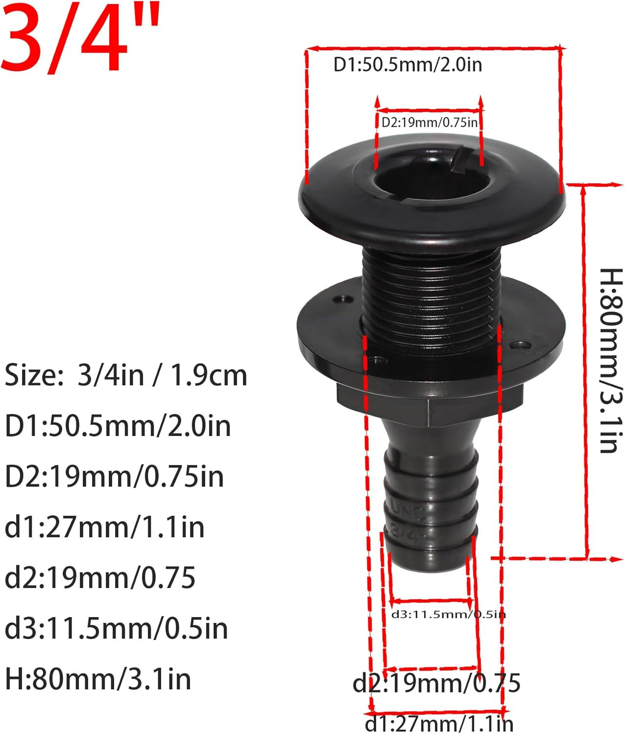 2Pcs Thru Hull Fitting(3/4"), Marine Through Hull Connector Fitting for Boats, B