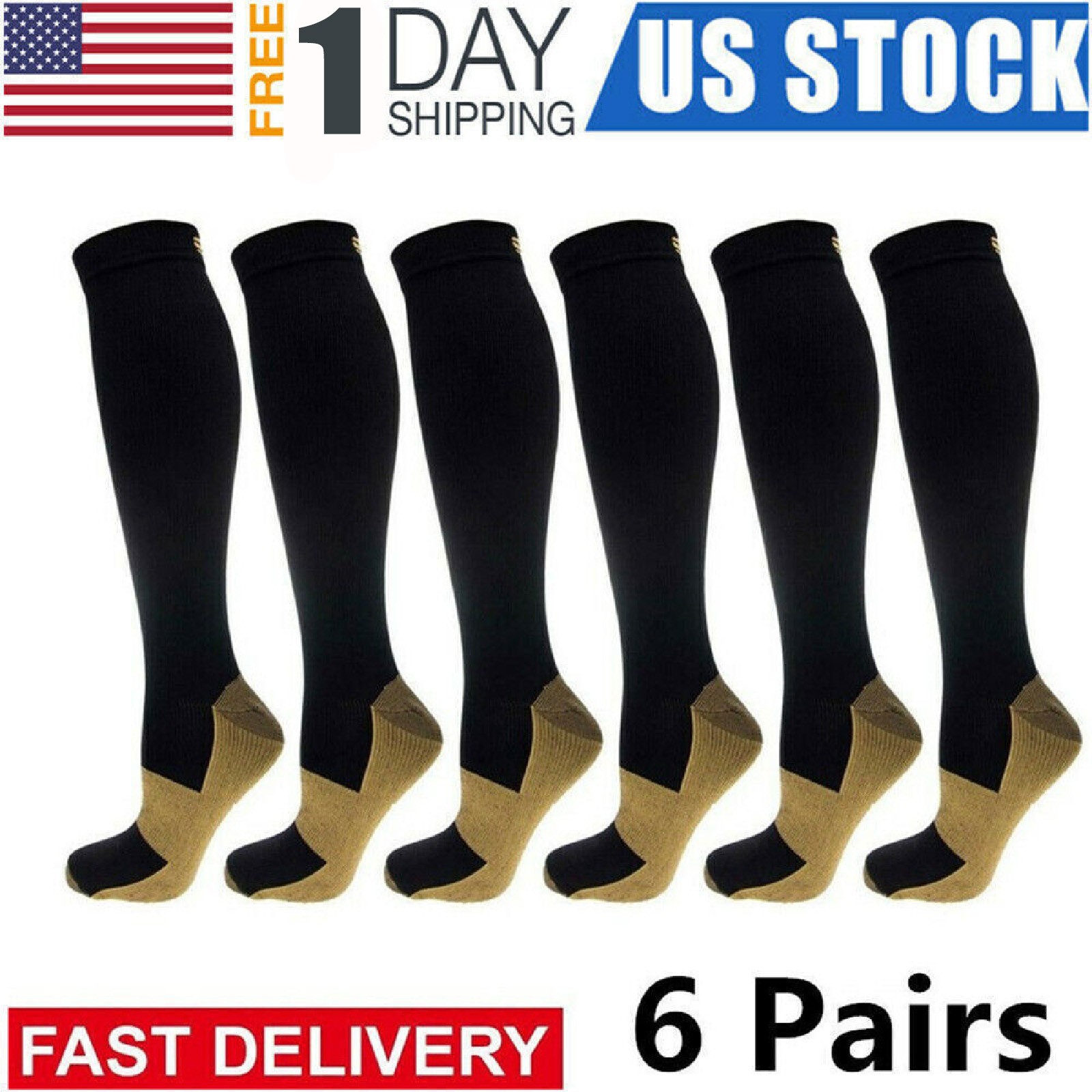 6 Pairs Copper Compression Socks 20-30mmHg Graduated Support Mens Womens S-XXL