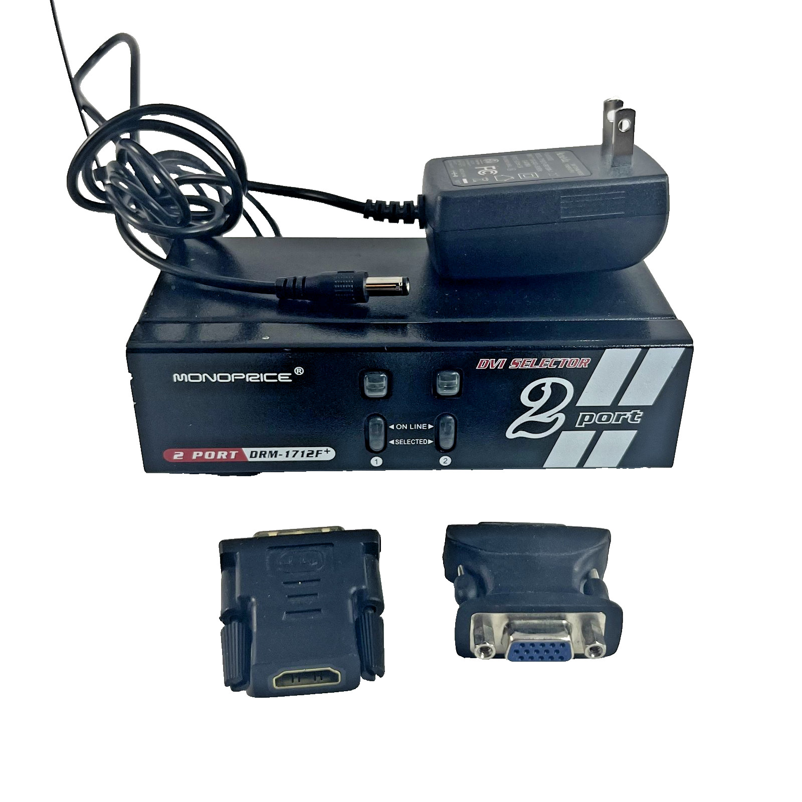 Monoprice 2 Port DVI Selector DRM-1712F+ Switch + Adapters HDMI VGA
