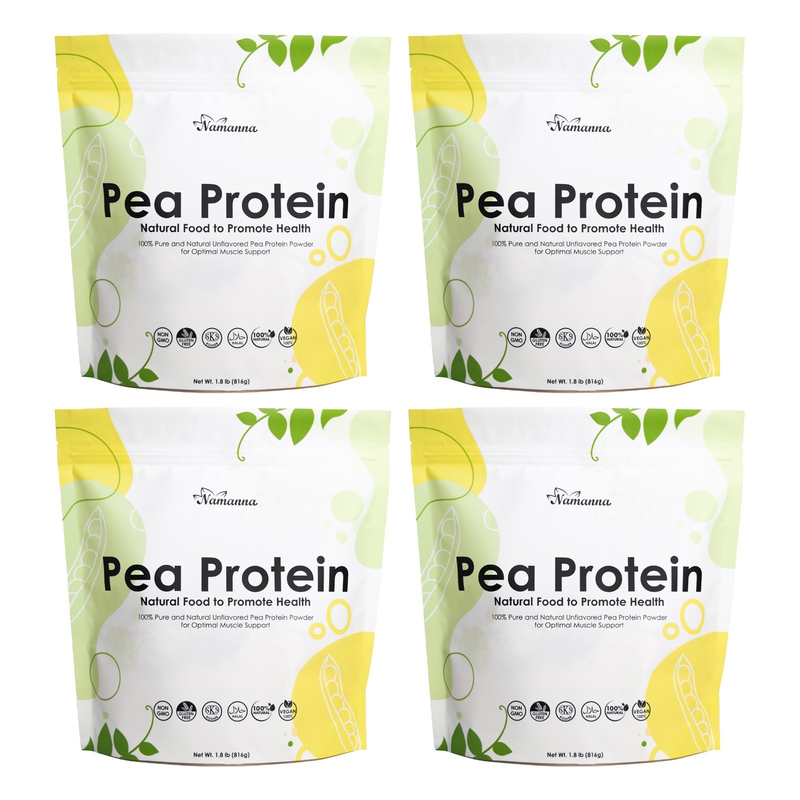 100% Pure Pea Protein Powder, 80% Protein Content, Unflavored, Vegan-1.8lbx4