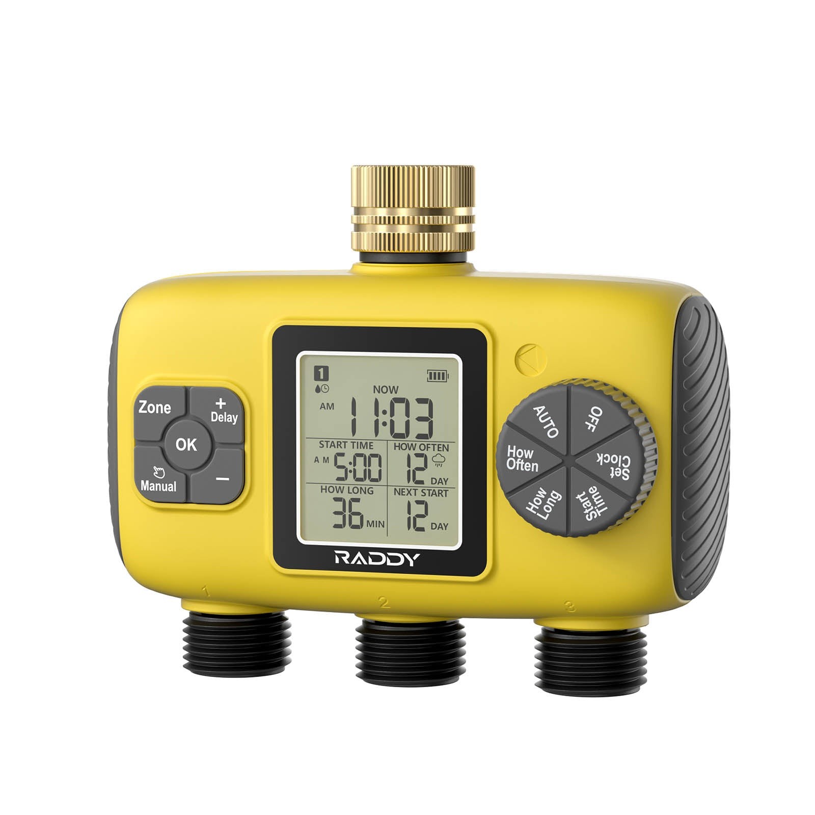 Raddy WS-8 3-Zone Sprinkler Timer: Large LCD, IPX5 Waterproof & Rain Delay