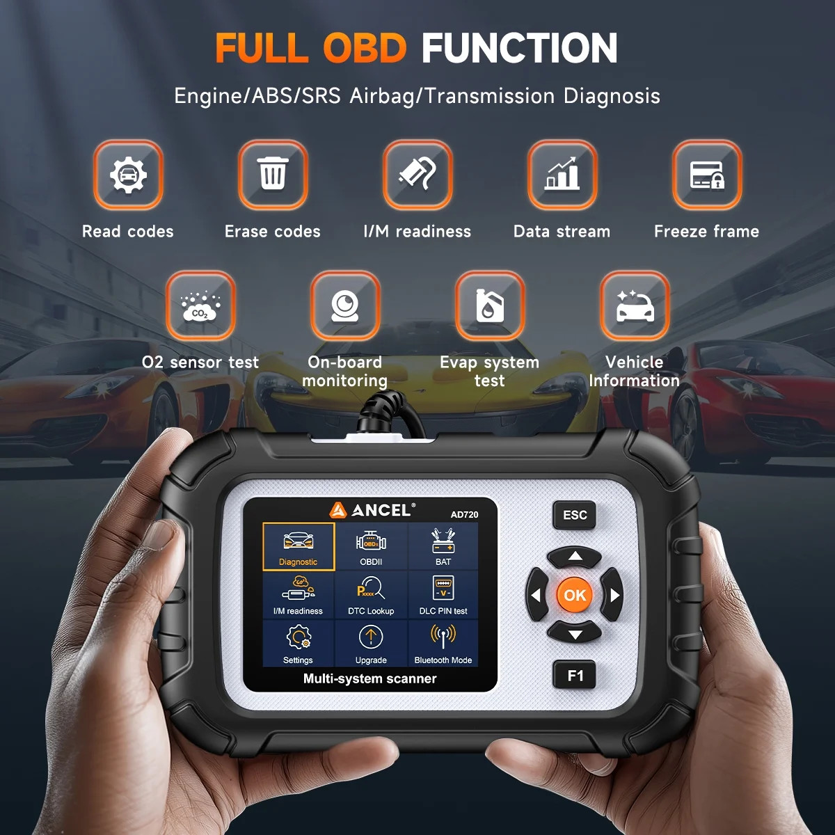 ANCEL AD720 OBD2 Scanner Transmission Engine ABS SRS Diagnostic Tool Code Reader