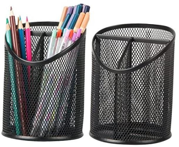 Delifox 2 Pack Pen Holder Mesh Round Pencil Holder 3 Compartments | Black