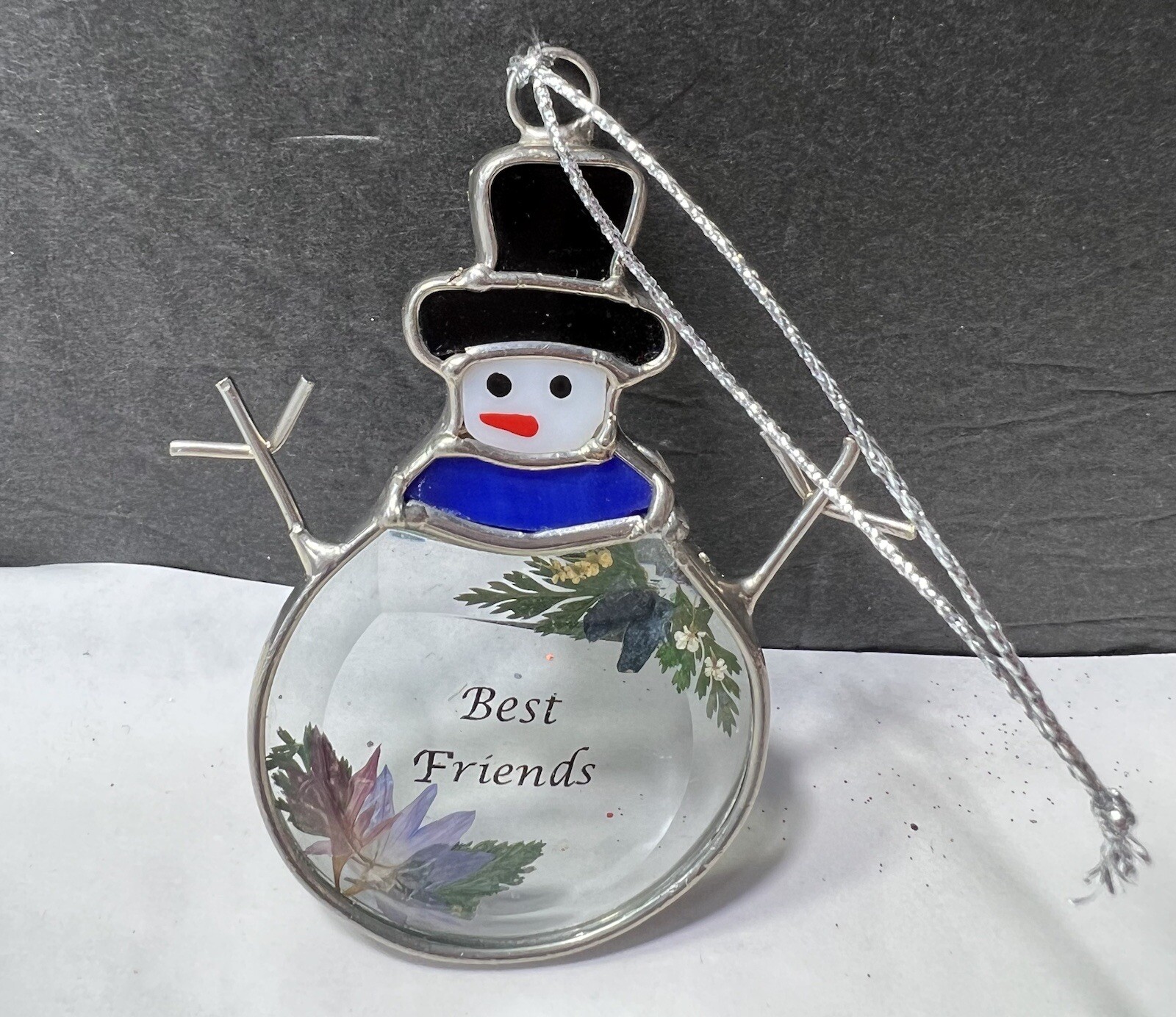 Vintage Stained Glass Sun Catcher Window Christmas Snowman Best Friends Ornament