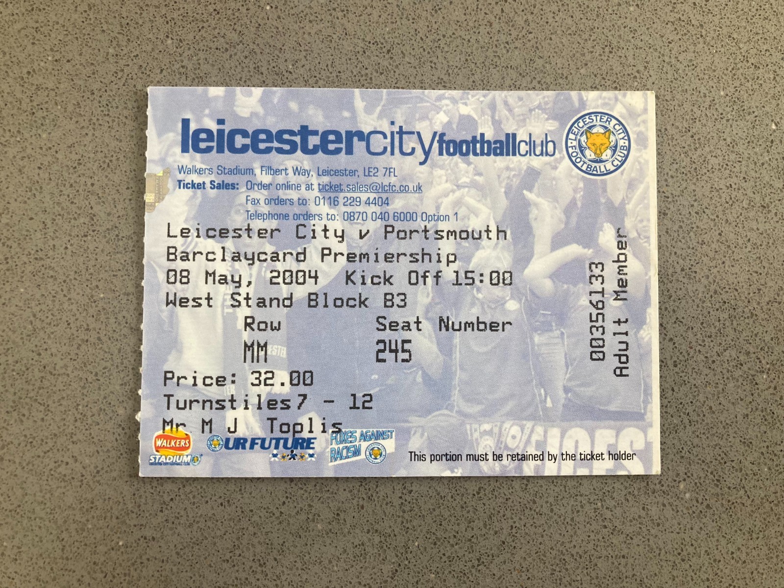 Leicester City v Portsmouth 2003-04 Match Ticket