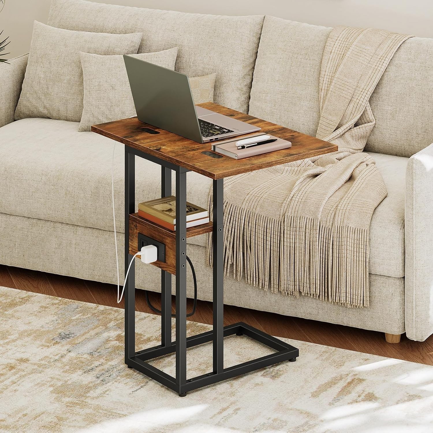 Multi-Functional Rustic C-Shaped Table with Charging Station for Modern Living