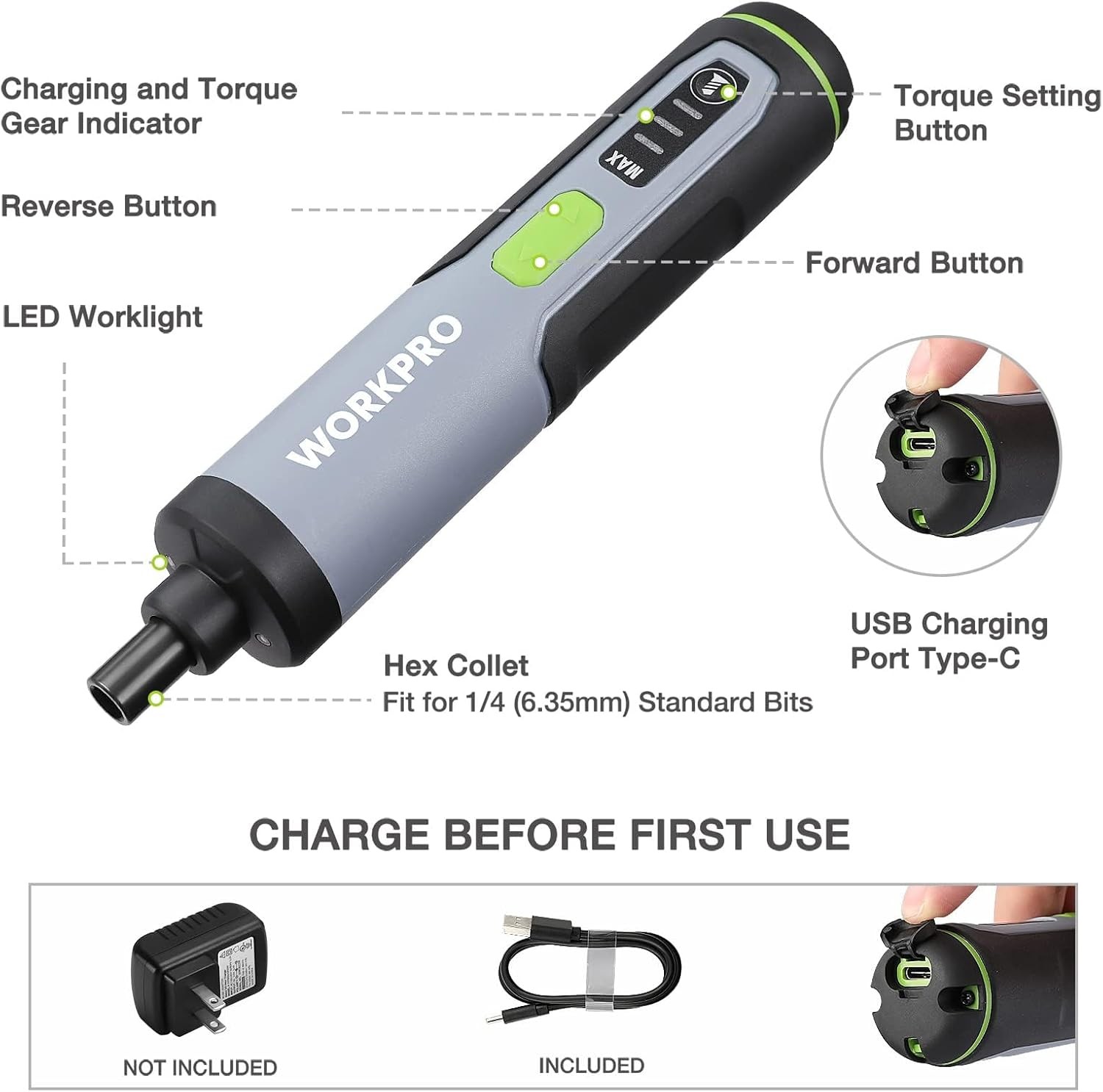 WORKPRO 4V Electric Screwdriver, Rechargeable Cordless Screwdriver Set w/35 Bits