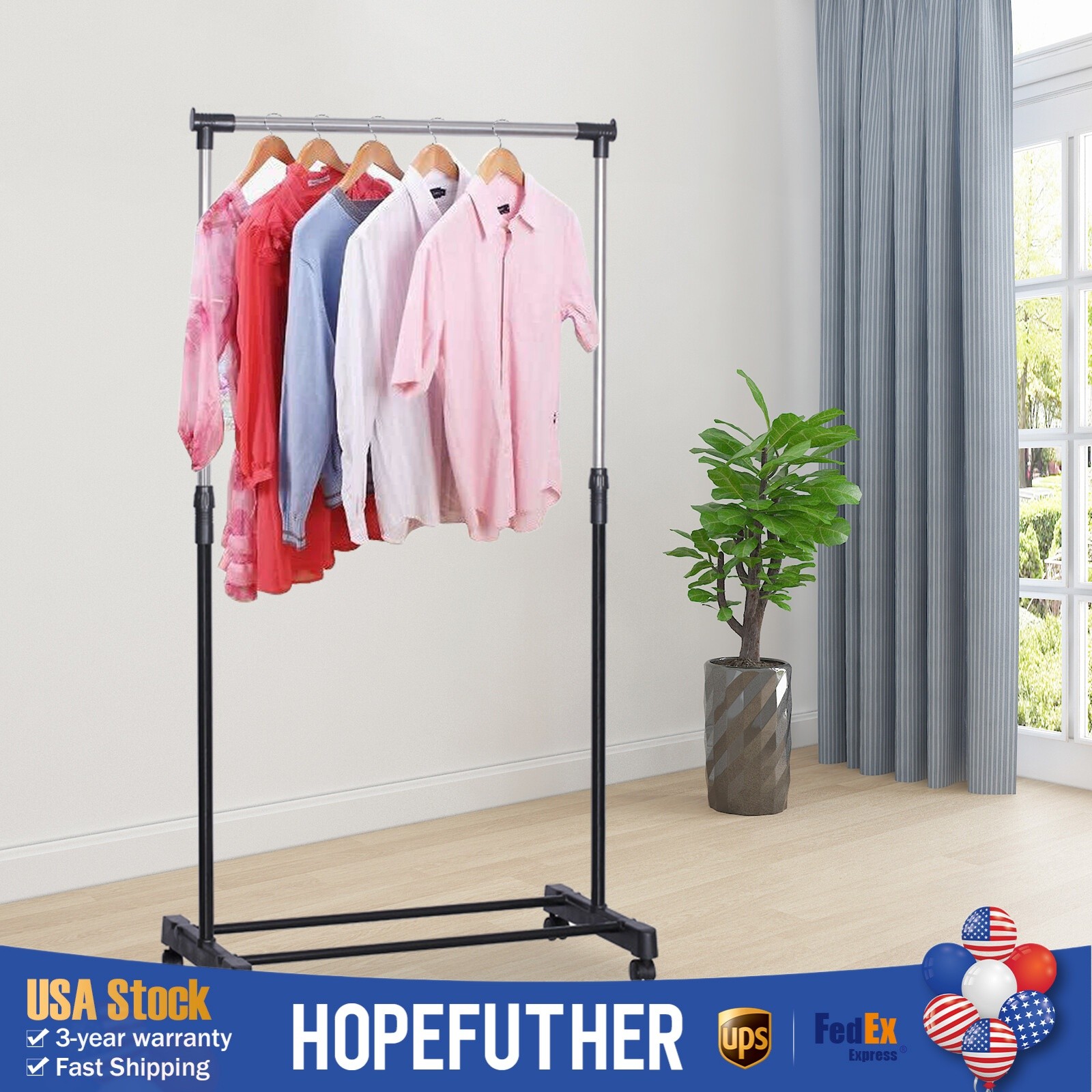 Rolling Garment Rack Single Hanging Heavy Duty Clothes Storage Hanger Portable