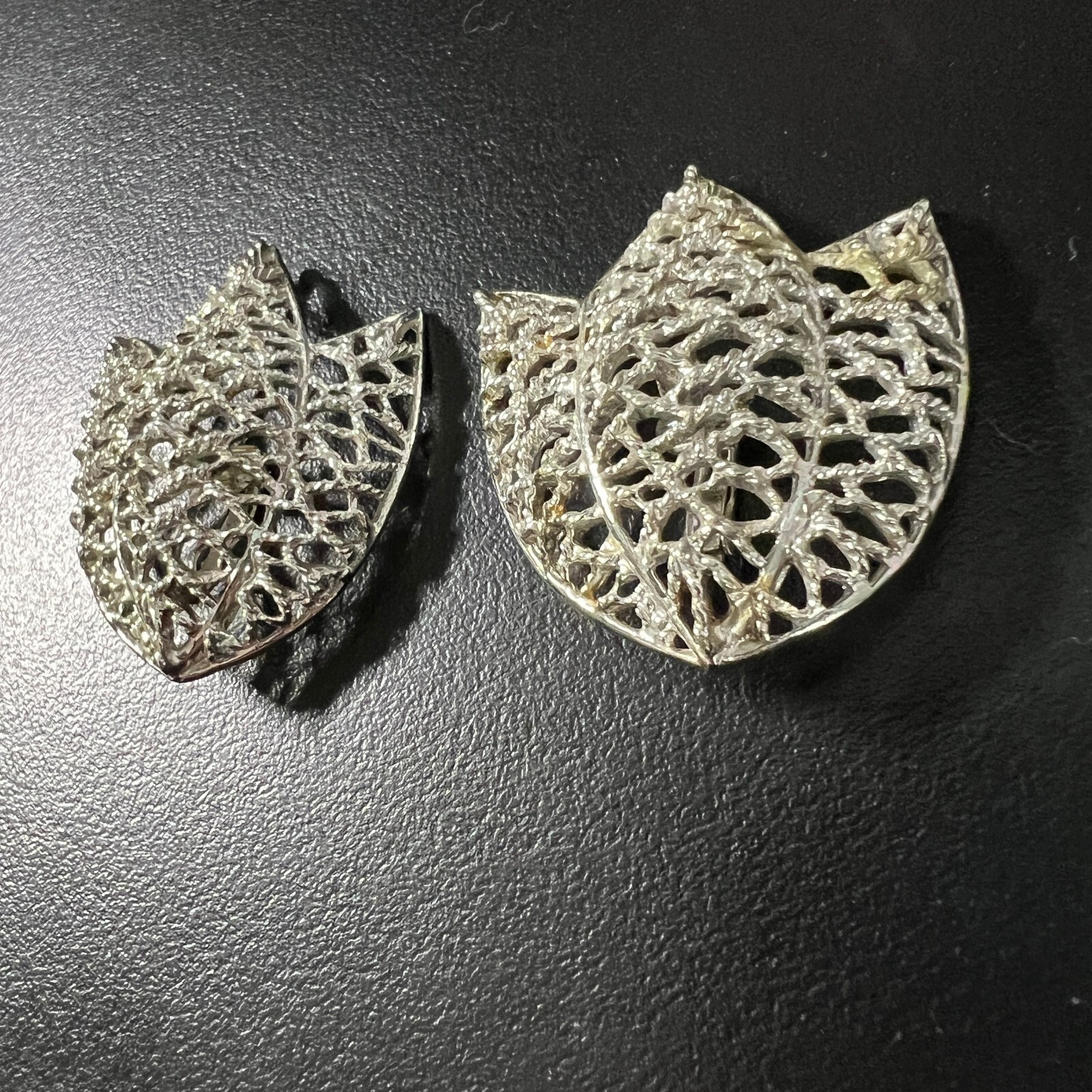 Vintage Emmons Leaf Clip On Earrings Open Metal Work Brushed Silver Tone