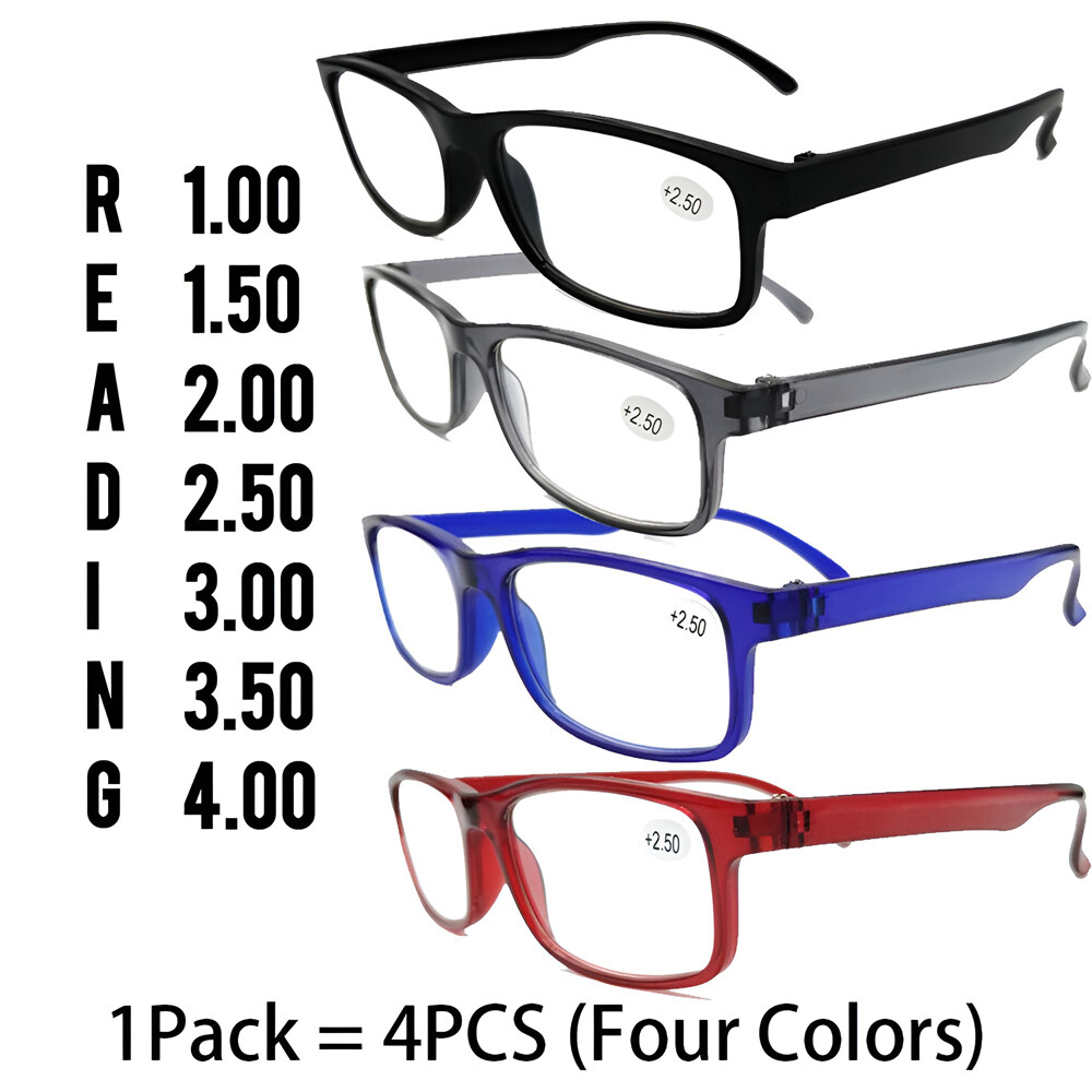 4 PK Mens Rectangular Blue Light Blocking Reading Glasses Spring Hinge Readers