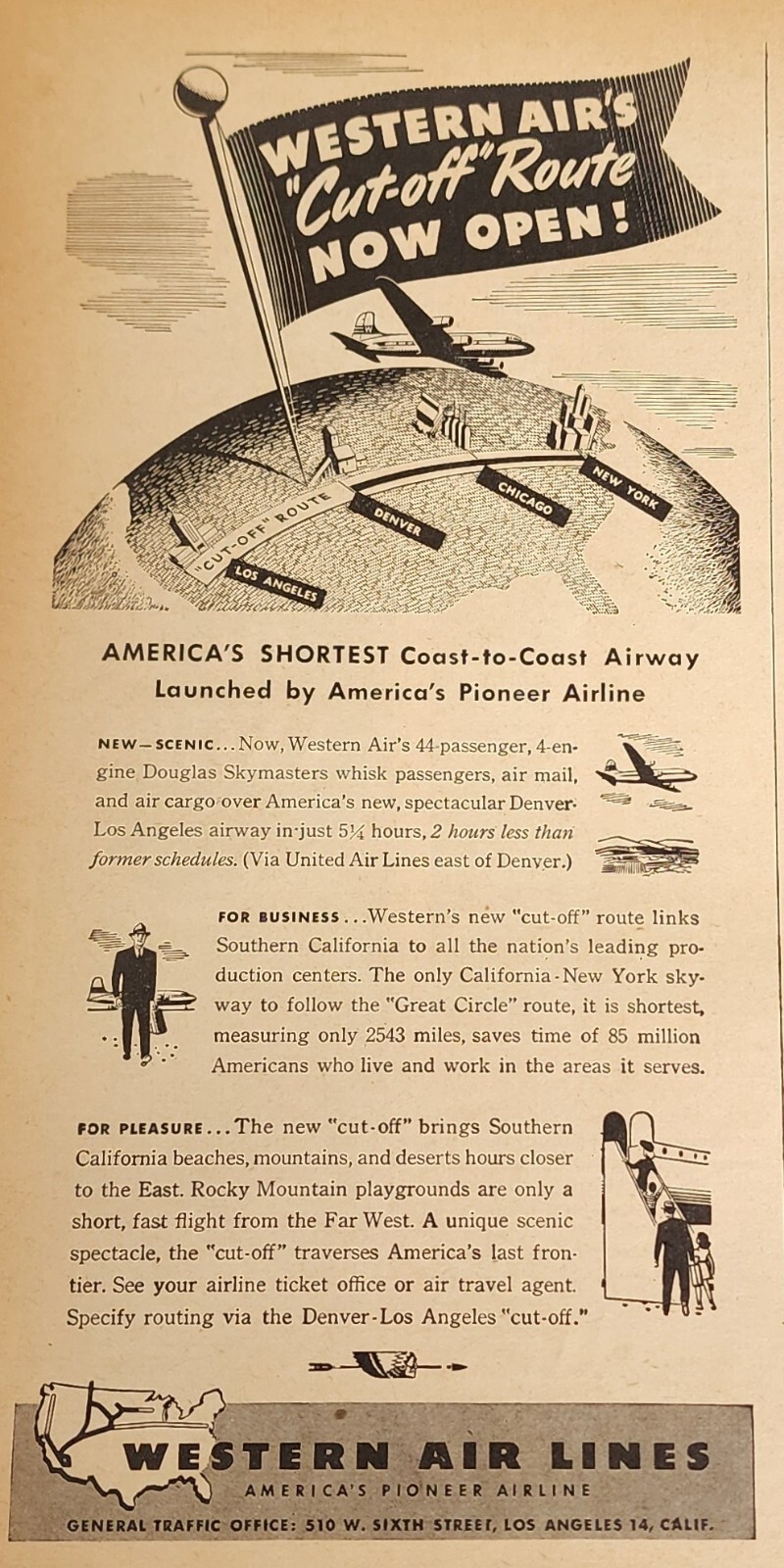 Western Airlines Magazine Ad Airplane Aircraft 1946 Ad Wall Art Print Display